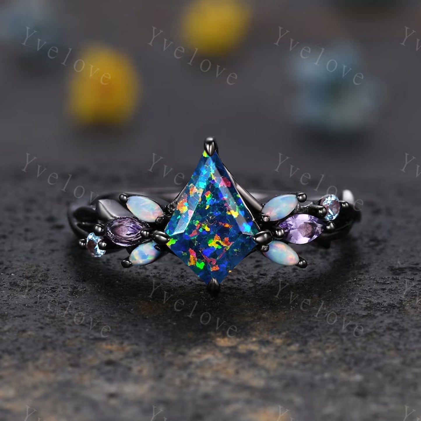 Black Opal Engagement Ring Set - Vintage Black Gold Vine Ring with Amethyst & Opal