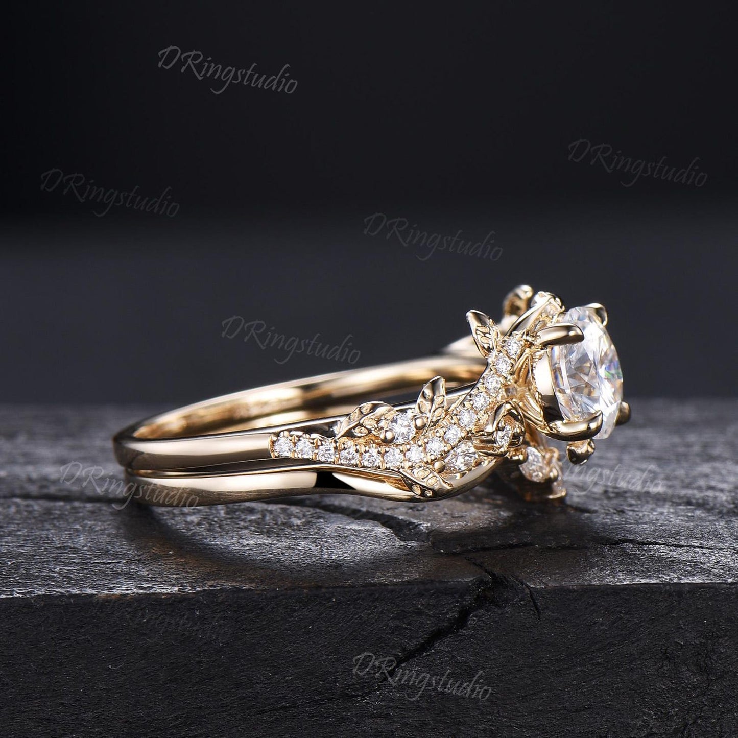 1ct Round Moissanite Wedding Ring Set Nature Inspired Moon Leaf Engagement Ring Set Solid 14k Yellow Gold Bridal Set Twig Ring Proposal Gift