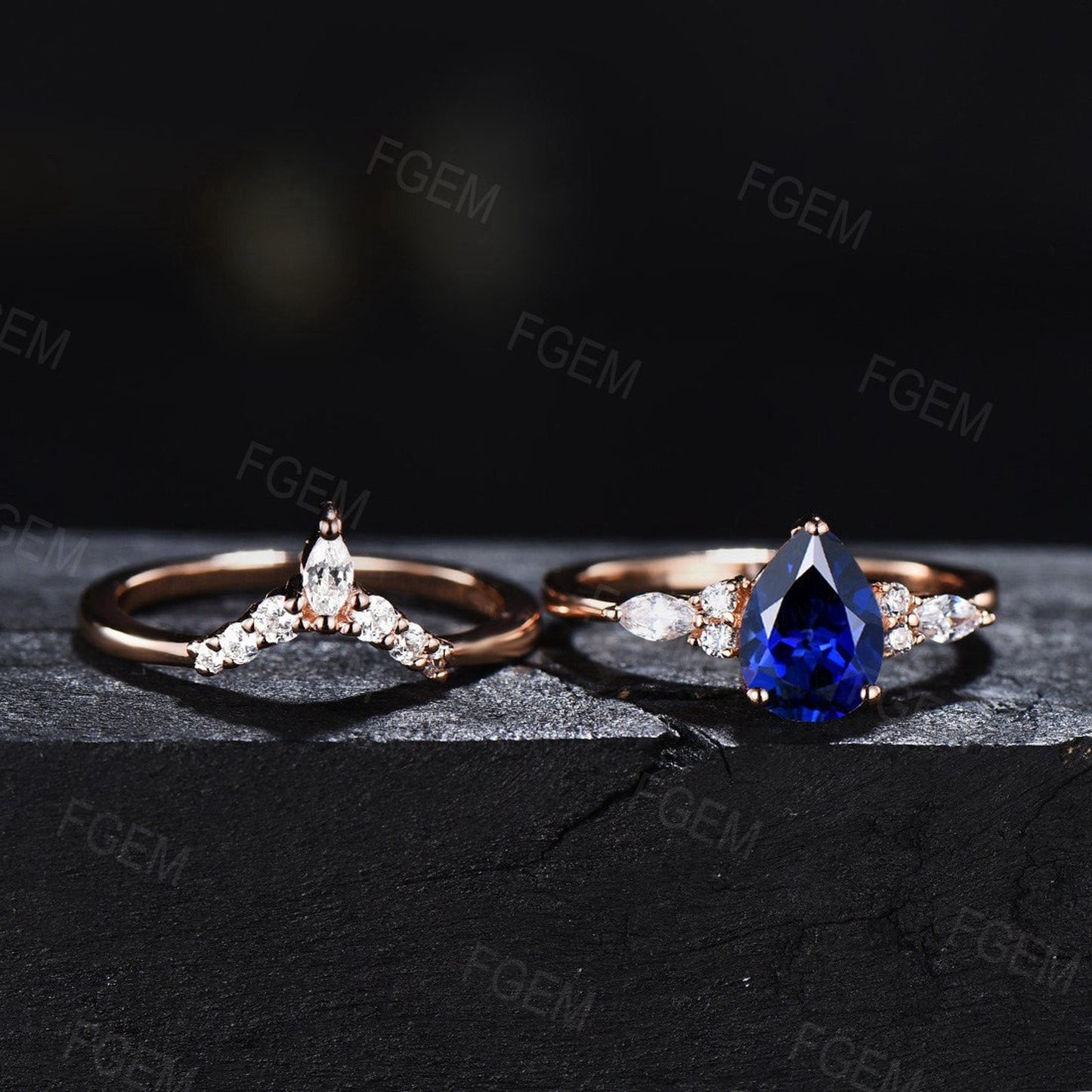 Sterling Silver Blue Sapphire Engagement Ring Set Vintage 1.25ct Pear Shaped Blue Sapphire Bridal Set September Birthstone Gift Promise Ring