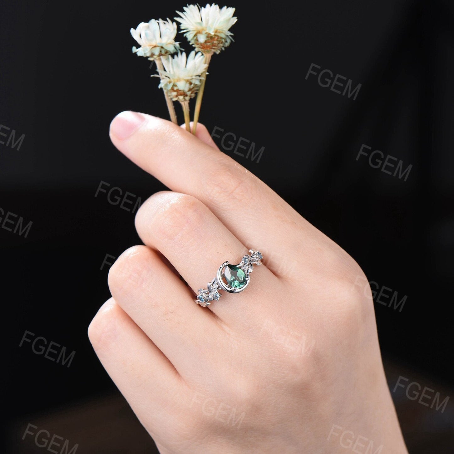 Nature Inspired Pear Green Sapphire Moon Wedding Ring Star London Blue Topaz Ring Branch Promise Ring Unique GraduationAnniversary Gifts