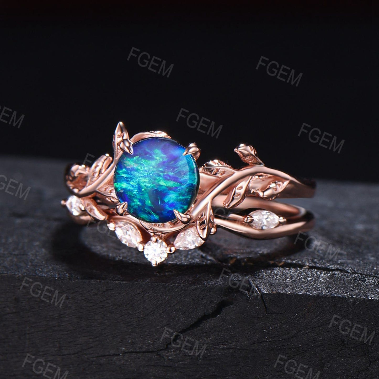 1ct Round Cut Leaf Branch Blue Fire Opal Engagement Ring Set 10K Rose Gold Twig Nature Inspired Dark Blue Opal Moissanite Promise Ring Gift