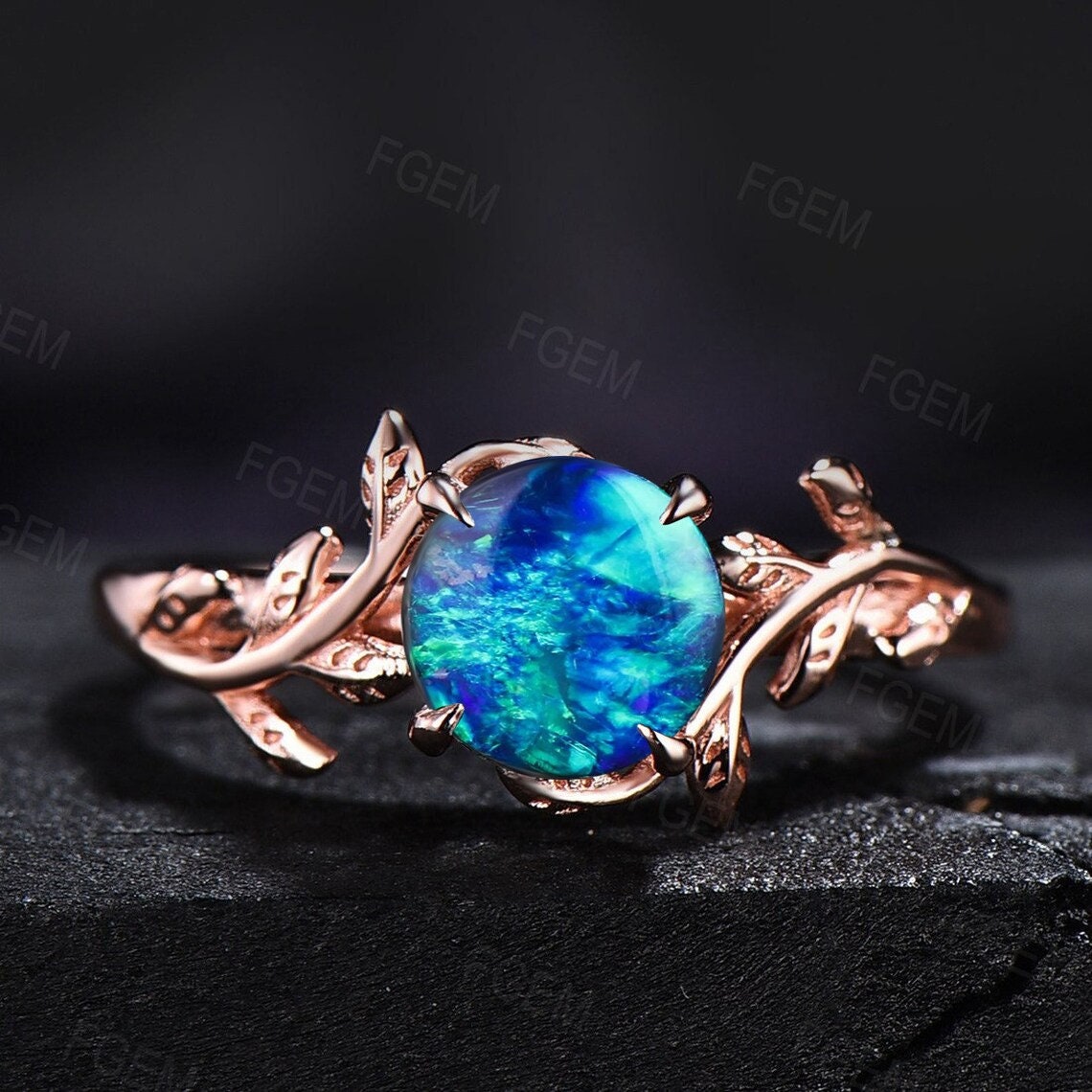 1ct Round Cut Leaf Branch Blue Fire Opal Engagement Ring Set 10K Rose Gold Twig Nature Inspired Dark Blue Opal Moissanite Promise Ring Gift