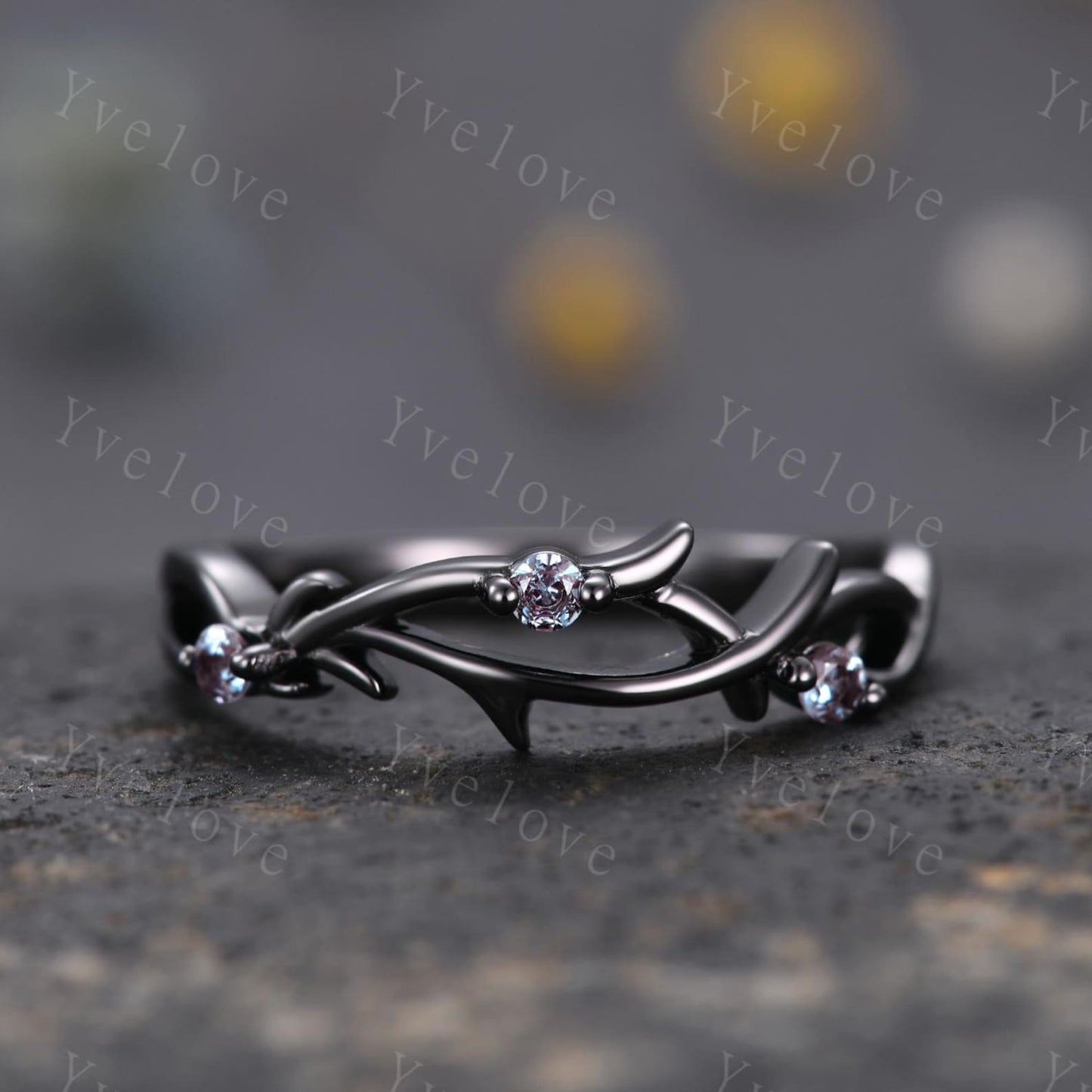 Alexandrite Couples Rings Set- Twig Vine & Stone Design Black Gold Wedding Ring (925 Sterling Silver)