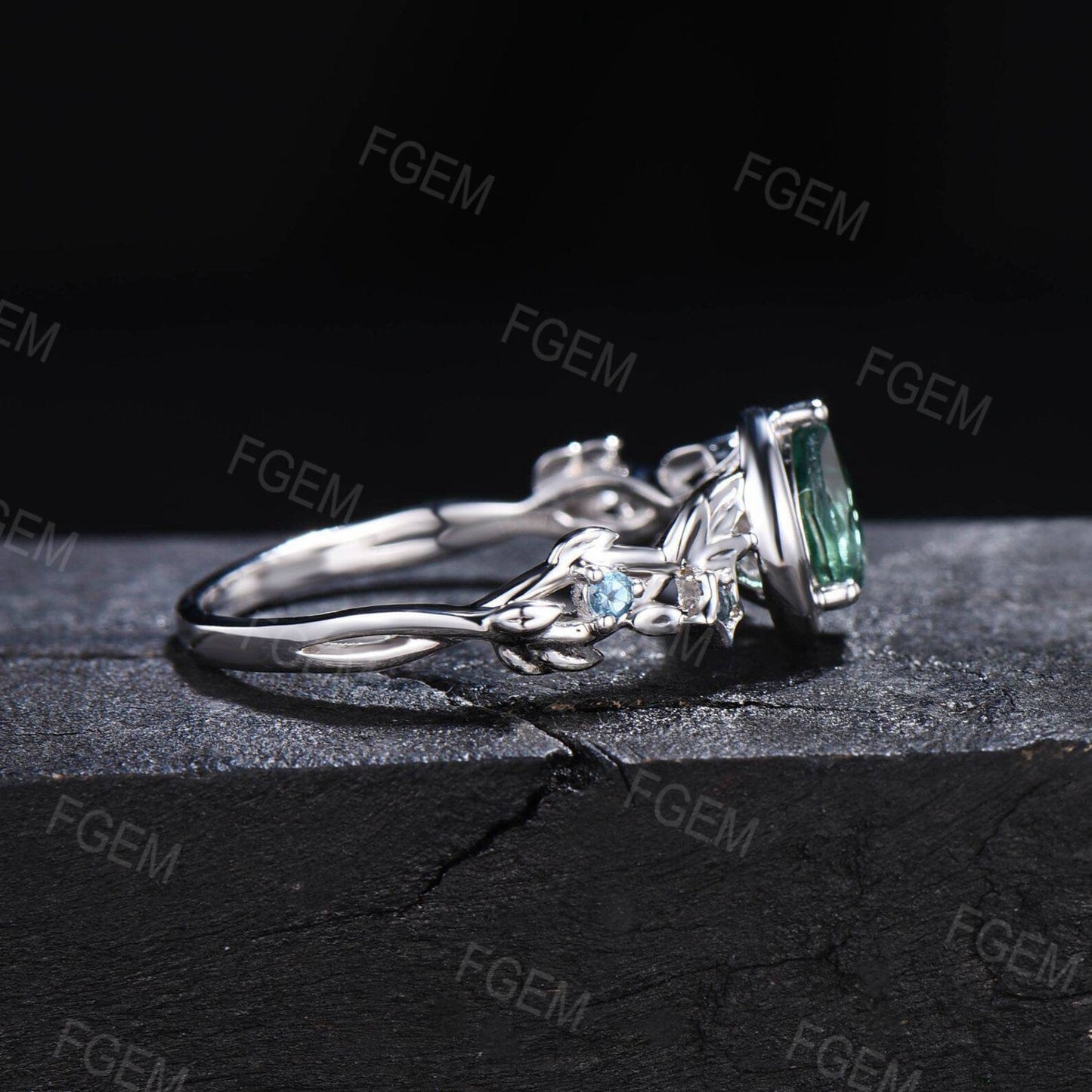 Nature Inspired Pear Green Sapphire Moon Wedding Ring Star London Blue Topaz Ring Branch Promise Ring Unique GraduationAnniversary Gifts