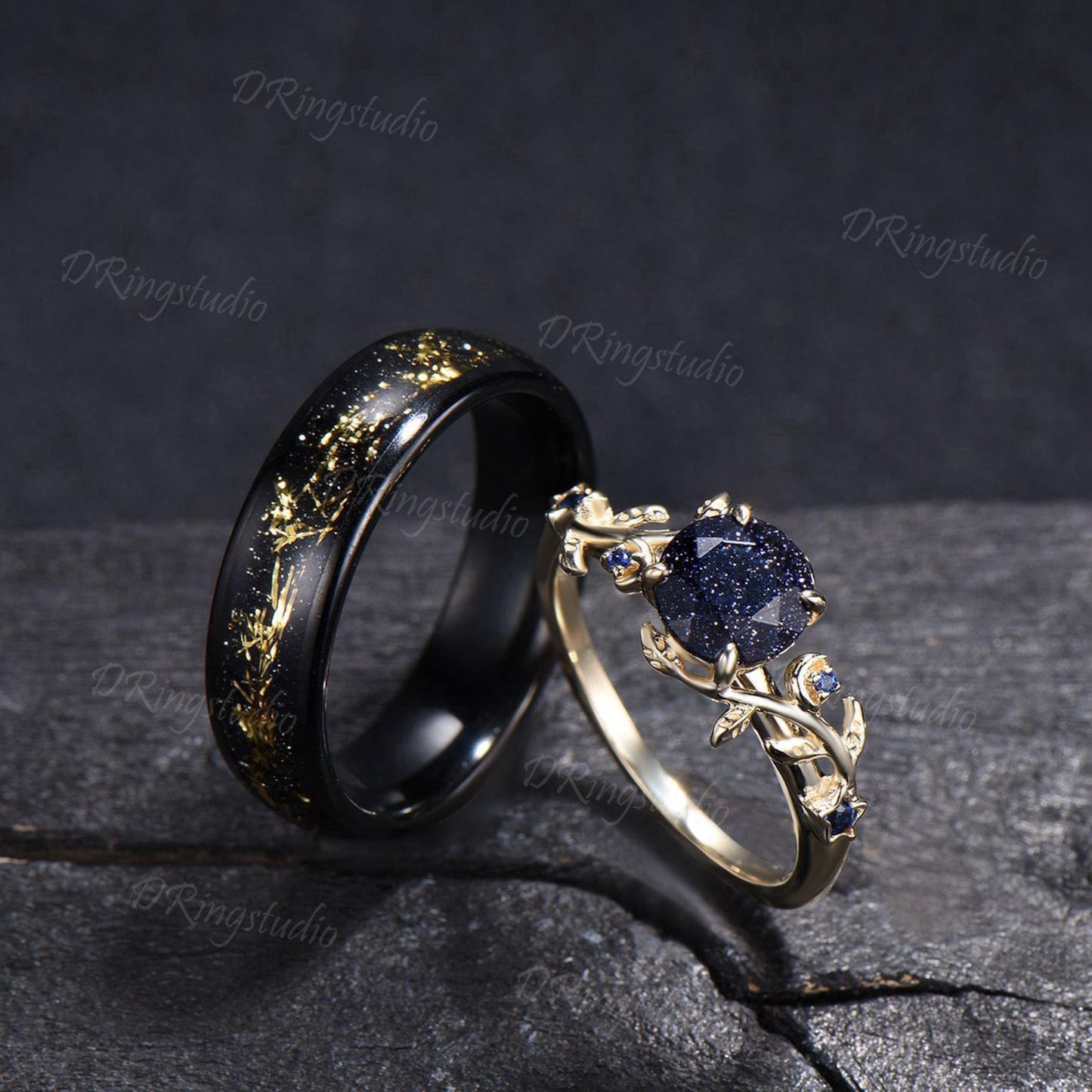 Starry Sky Blue Sandstone Couple Rings Set Vintage Gold Foil Tungsten Wedding Band 14k Gold Celestial Galaxy Engagement Ring for Her & Him