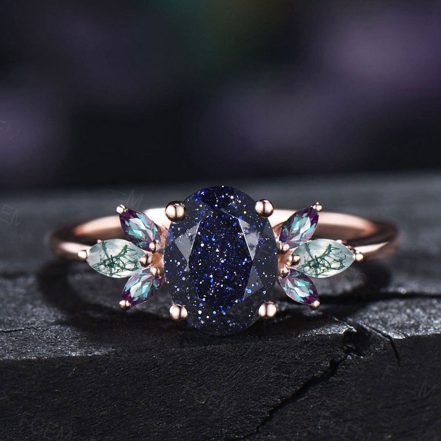 1.5ct Oval Cut Starry Sky Blue Sandstone Ring Moss Agate Cluster Engagement Ring Blue Goldstone Wedding Ring Unique Proposal Birthday Gifts