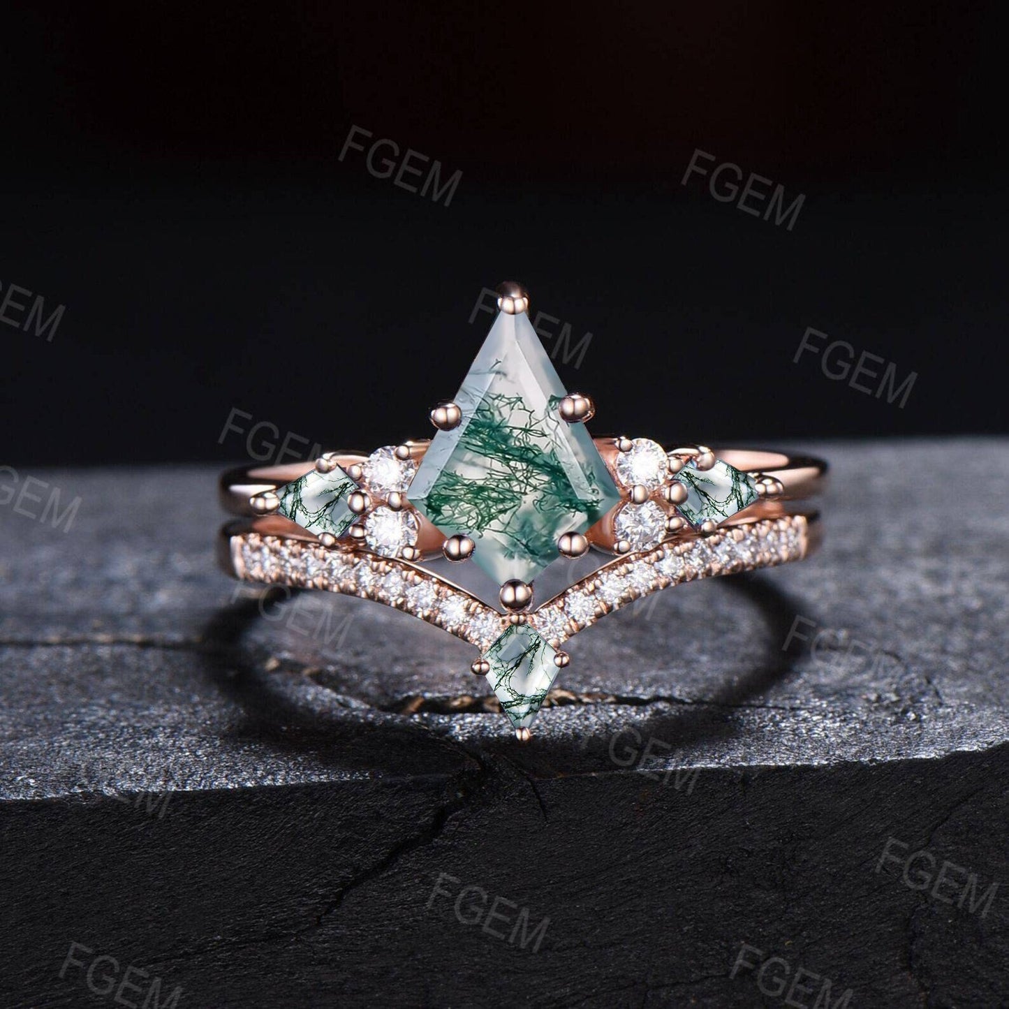 Unique Natural Moss Agate Wedding Ring Vintage 10K14K18K White Gold Kite Moss Agate Moissanite Bridal Set Unique Anniversary Promise Gifts