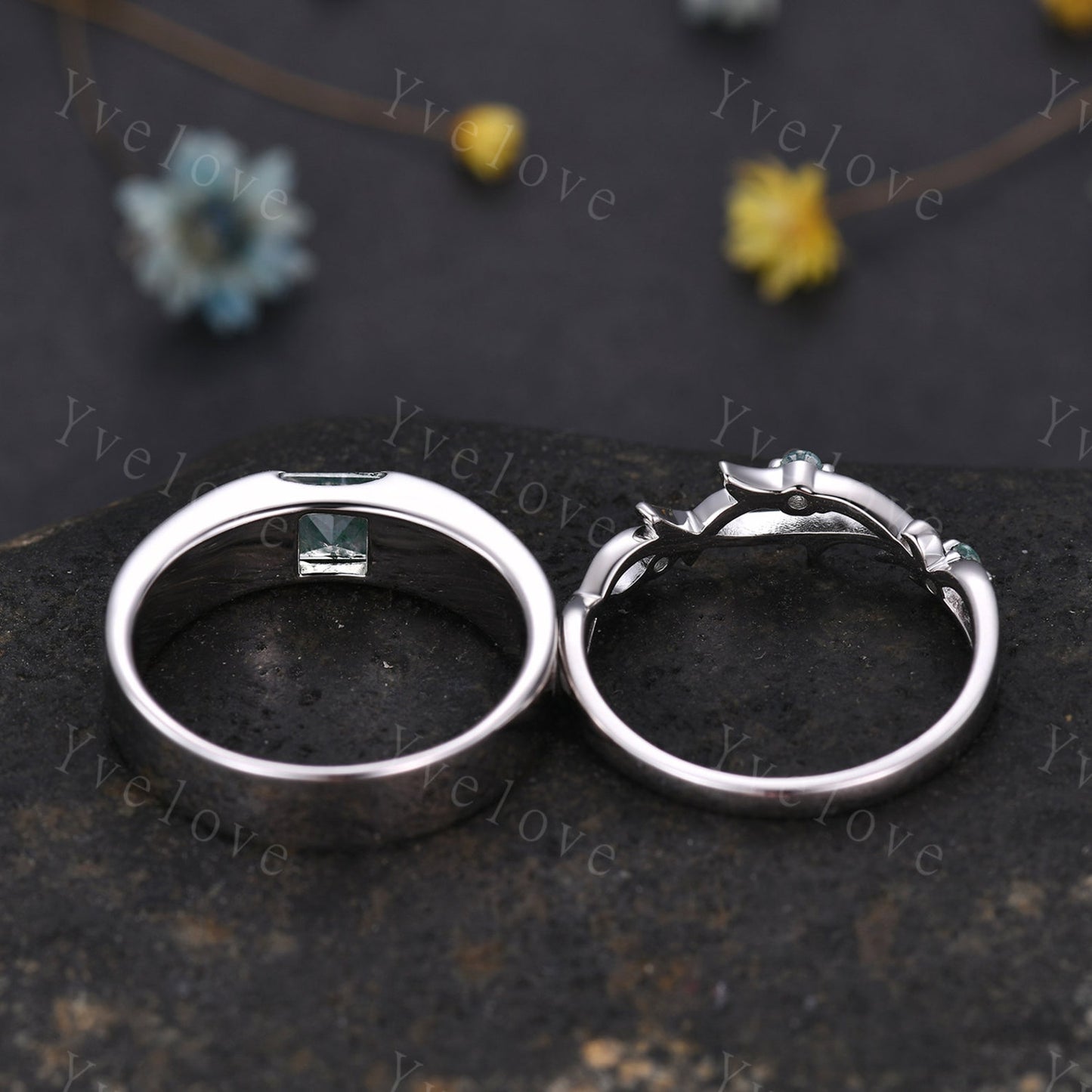Sterling Silver Moss Agate & Twig Couples Rings Set- His & Hers Wedding Bands