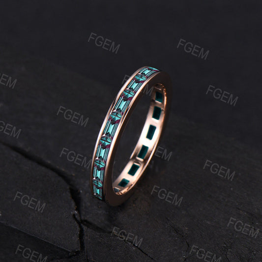 Baguette Cut Color-Change Alexandrite Wedding Band for Men/Women Vintage 10K/14K/18K Solid Rose Gold Matching Band Men Alexandrite Rings