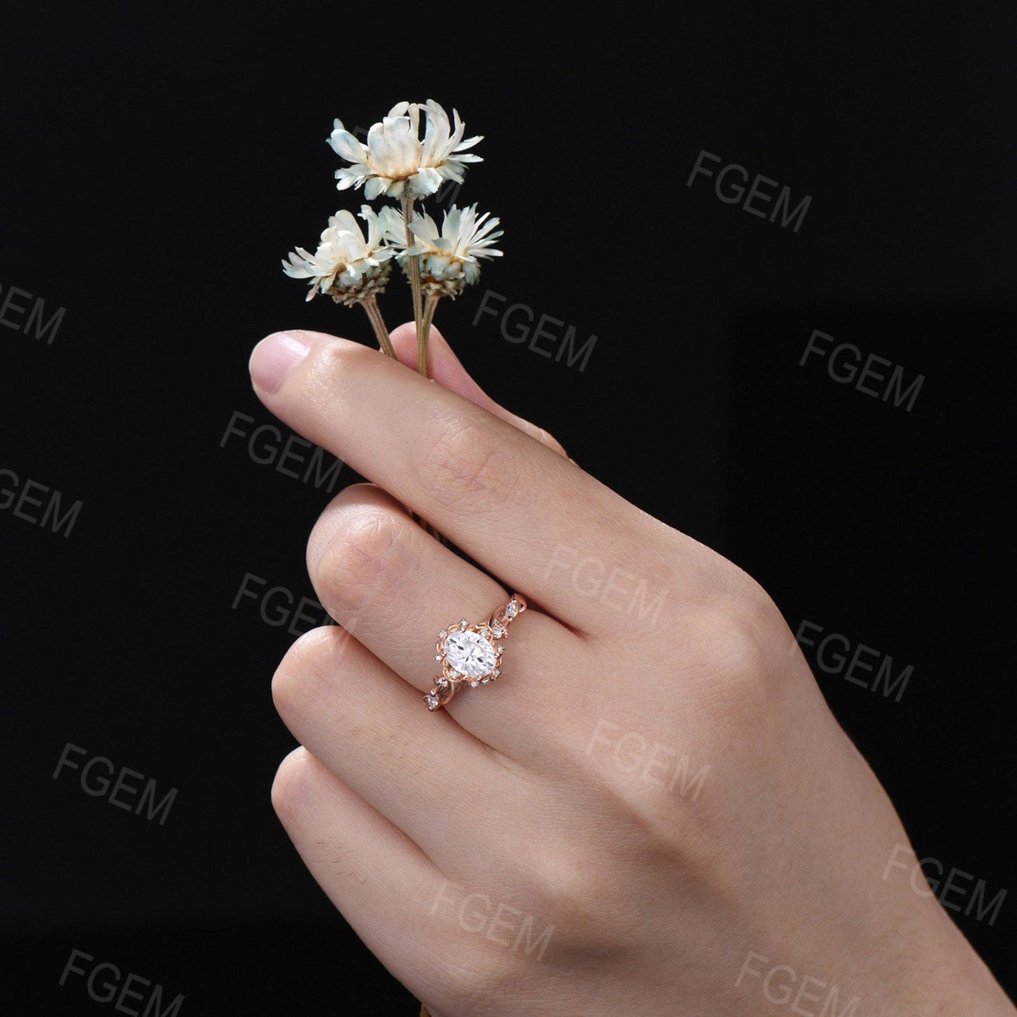 1.5ct Oval Nature Inspired Moissanite Engagement Ring Halo Vine Moissanite Diamond Ring Twist Twig Leaf Band Unique Promise Anniversary Gift