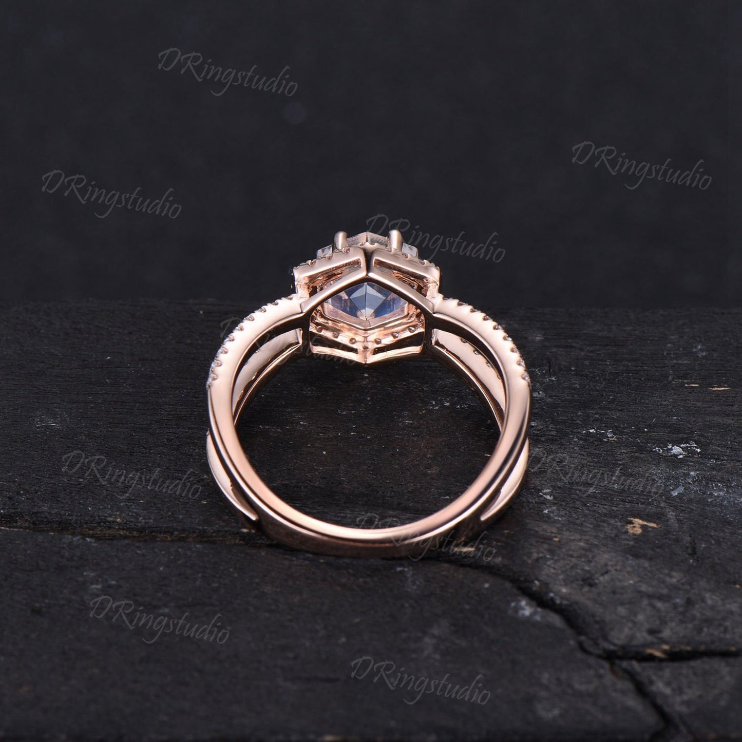 Hexagon Natural Moonstone Halo Engagement Ring Split Moissanite Ring Unique Half Eternity Moonstone Wedding Ring Art Pave Ring Gifts For Her