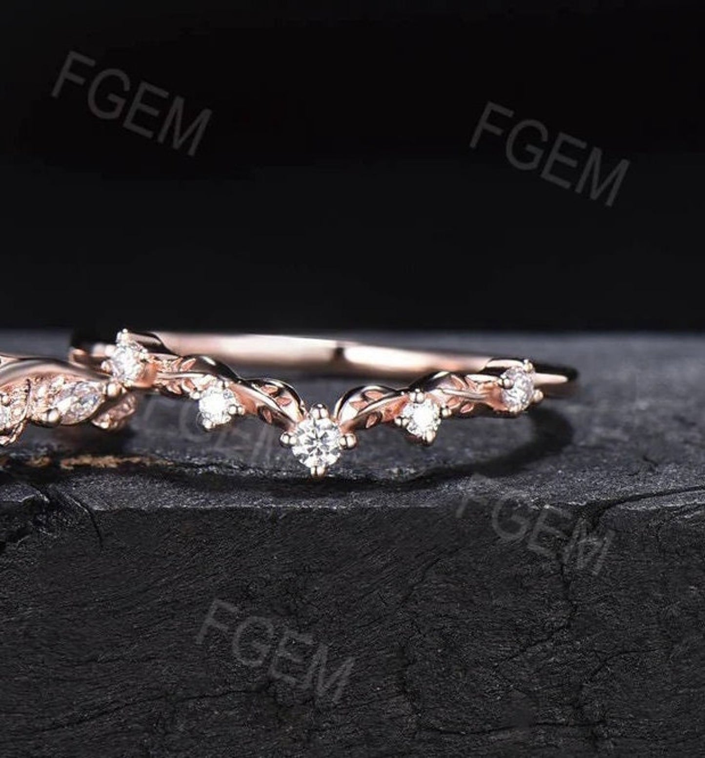 Nature Inspired Wedding Band Contour Curved Band 10K White Gold Moissanite Diamond Nesting Band Unique Vintage Stacking Matching Ring Bridal Gift