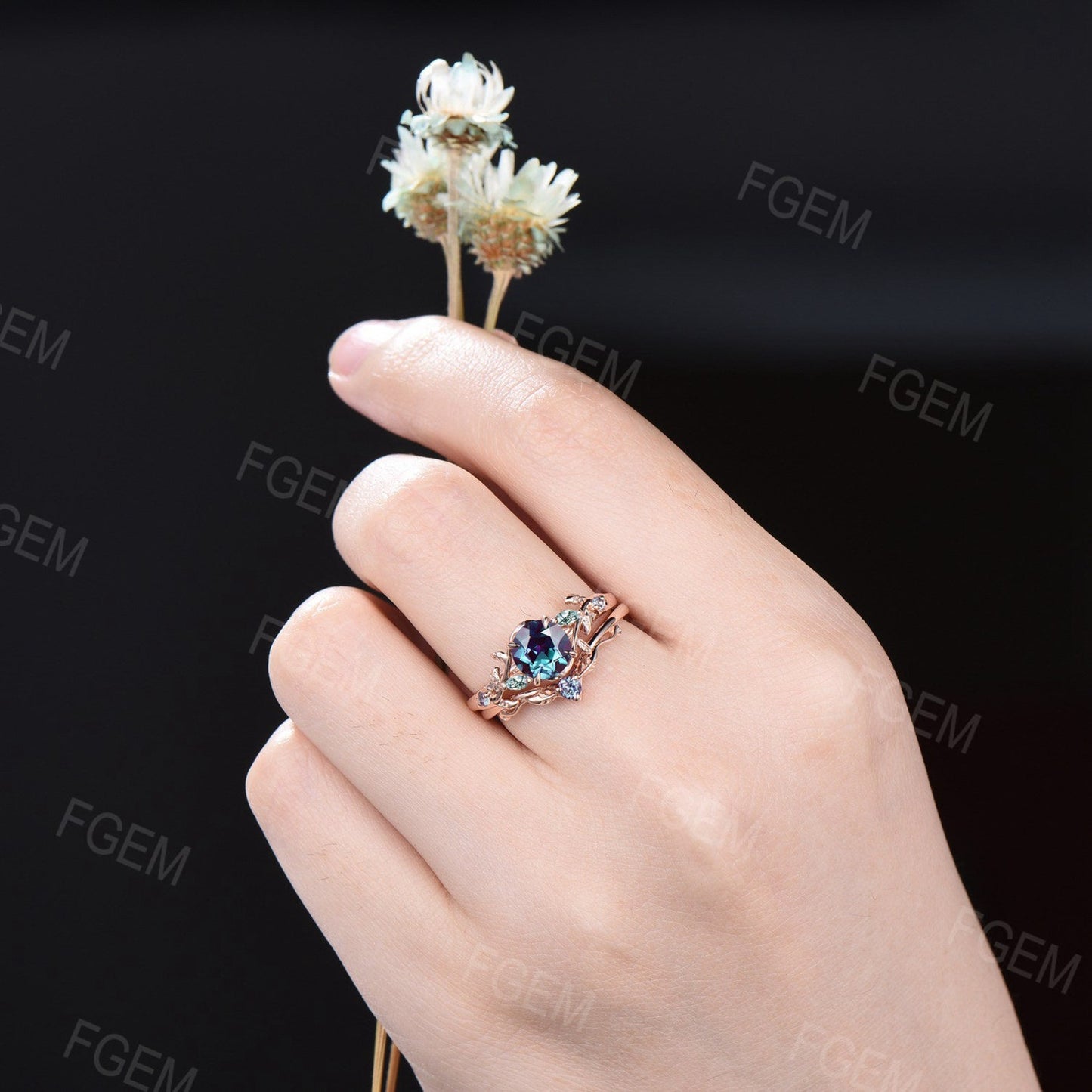 1ct Round Nature Inspired Color-Change Alexandrite Ring Rose Gold Cluster Moss Agate Engagement Ring Vintage Branch Alexandrite Bridal Sets