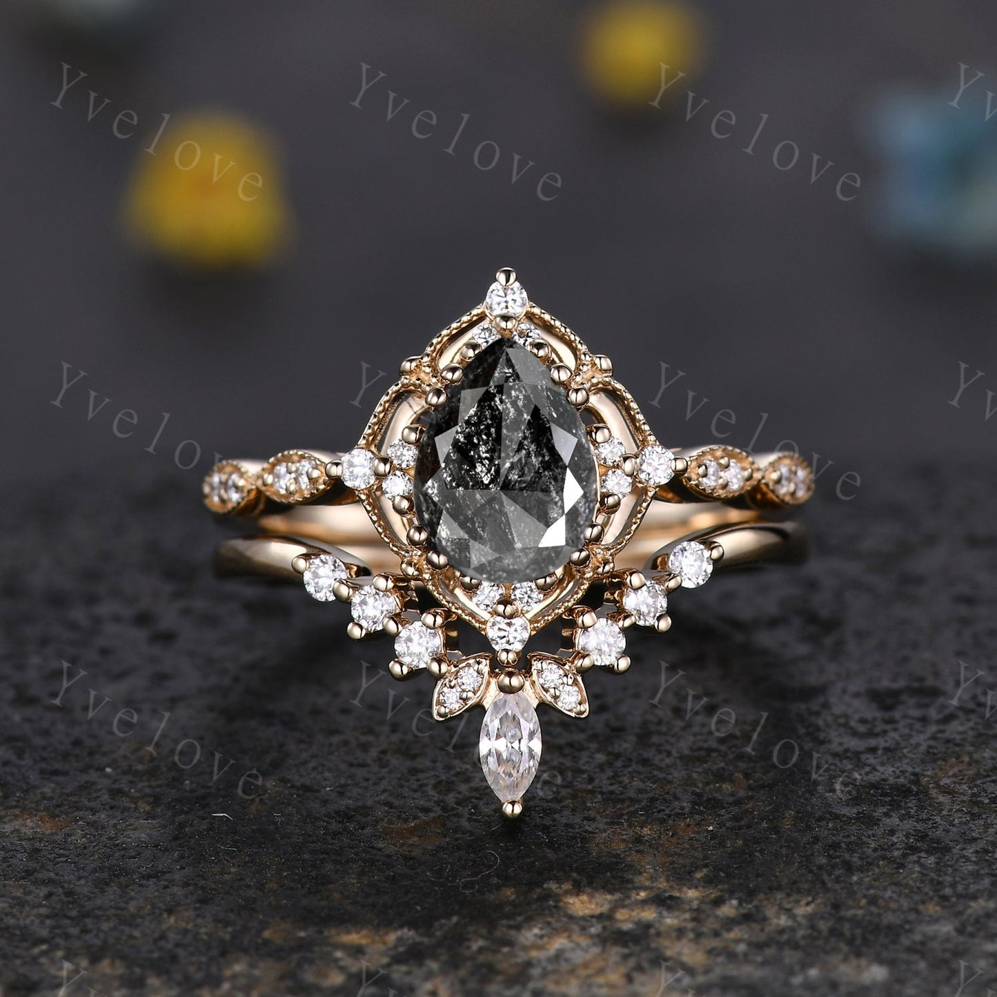 Vintage Salt & Pepper Diamond Pear Engagement Ring Set 14K Gold