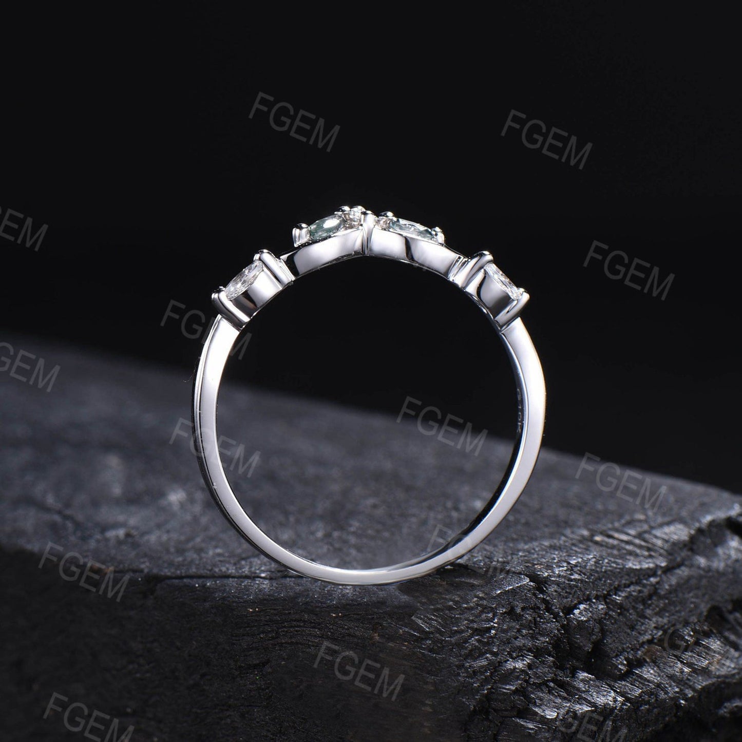 Marquise Moss Agate Contour Nature Wedding Band 10K White Gold Moissanite Nesting Band Ring Unique Vintage Stacking Matching Curved Bridal Band