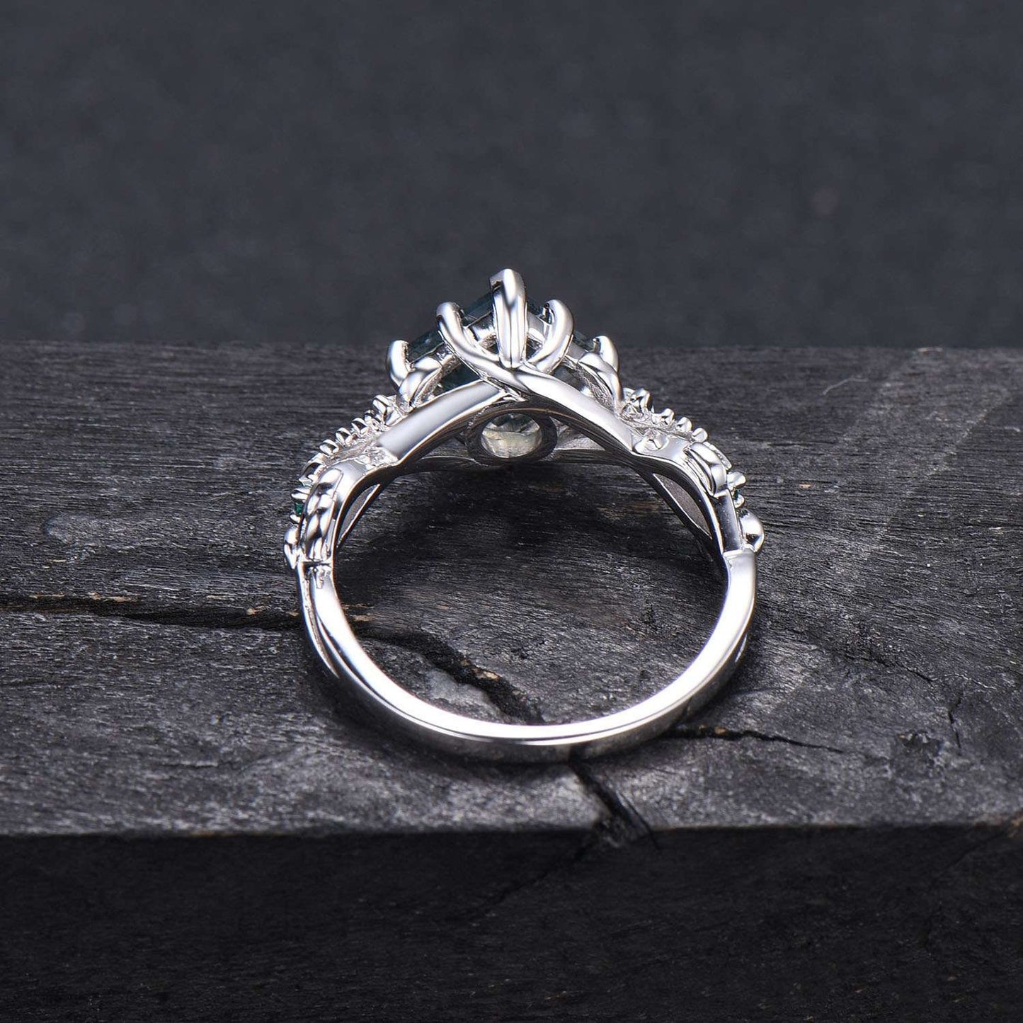 White Gold Butterfly Ring Unique Princess Cut Natural Moss Agate Engagement Ring Hollow Butterfly Aquatic Agate Ring Proposal Gifts For Her