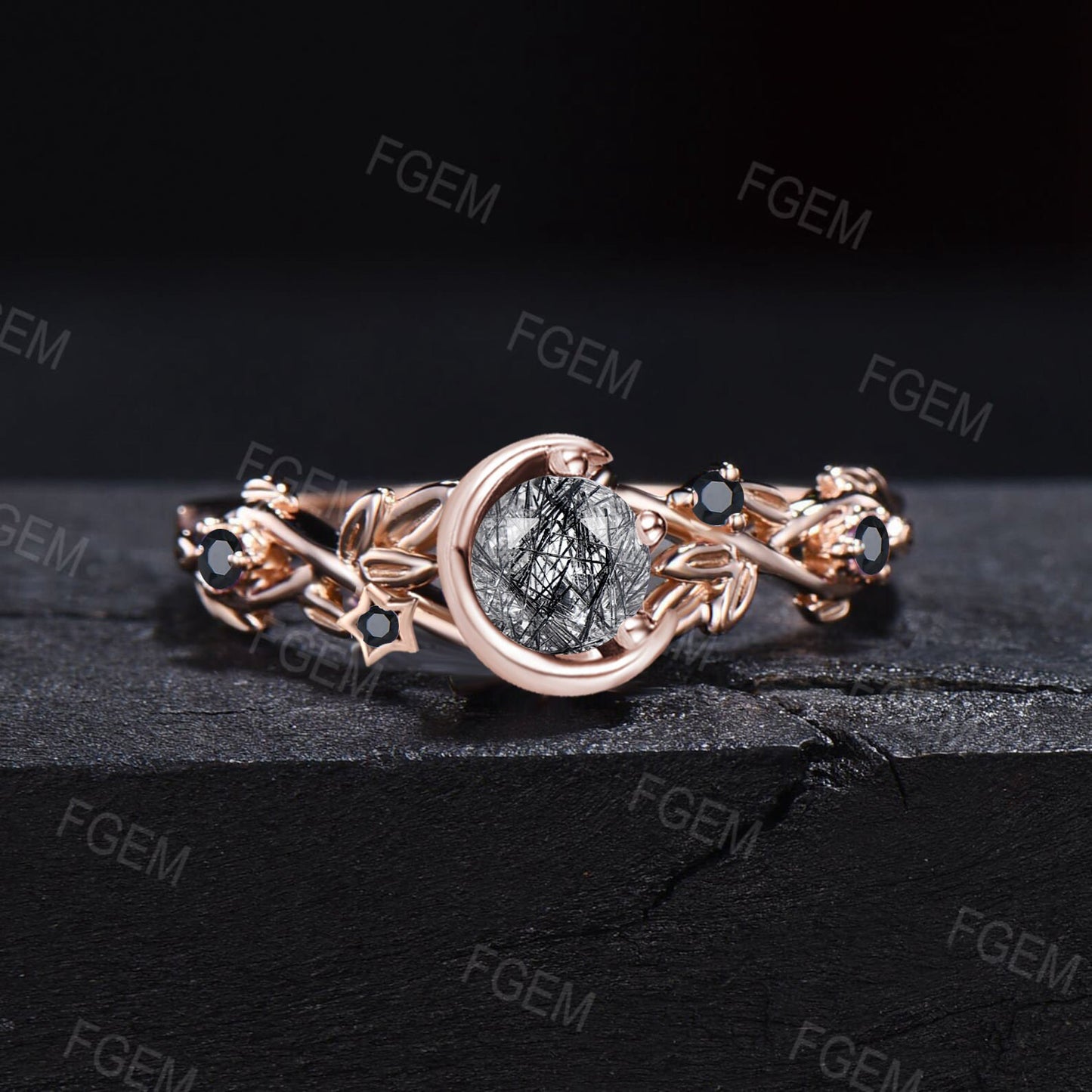 Vintage Round Black Rutilated Quartz Engagement Ring Sterling Silver Star Moon Cluster Black Spinel Personalized Black Gemstone Jewelry Gift