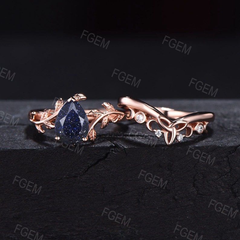 Nature Engagement Ring Set Sterling Silver Unique 1.25ct Teardrop Blue Sandstone Ring Leaf Solitaire Rings Celtic Wedding Band Promise Gift