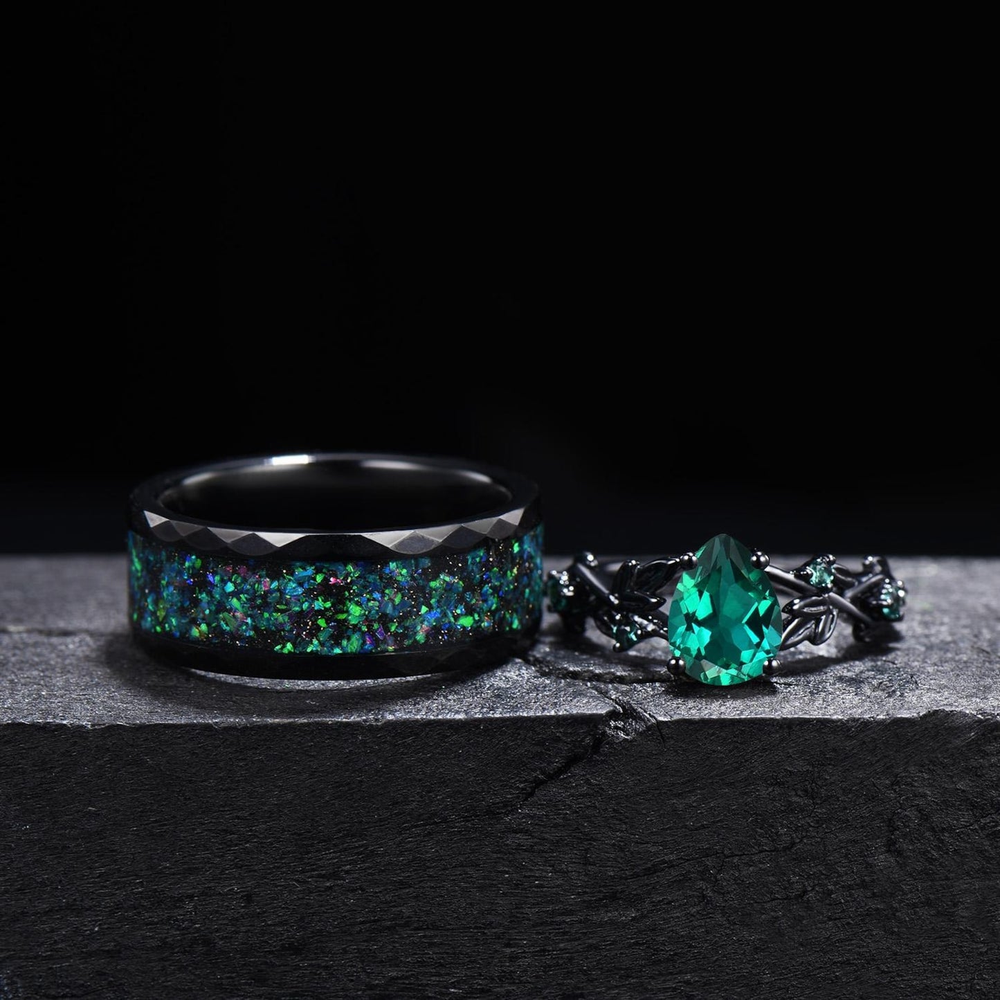 Gothic Black Green Emerald Couples Ring Black Gold Matching Ring Set Tungsten Black Opal Promise Ring Set For Men and Women Anniversary Gift