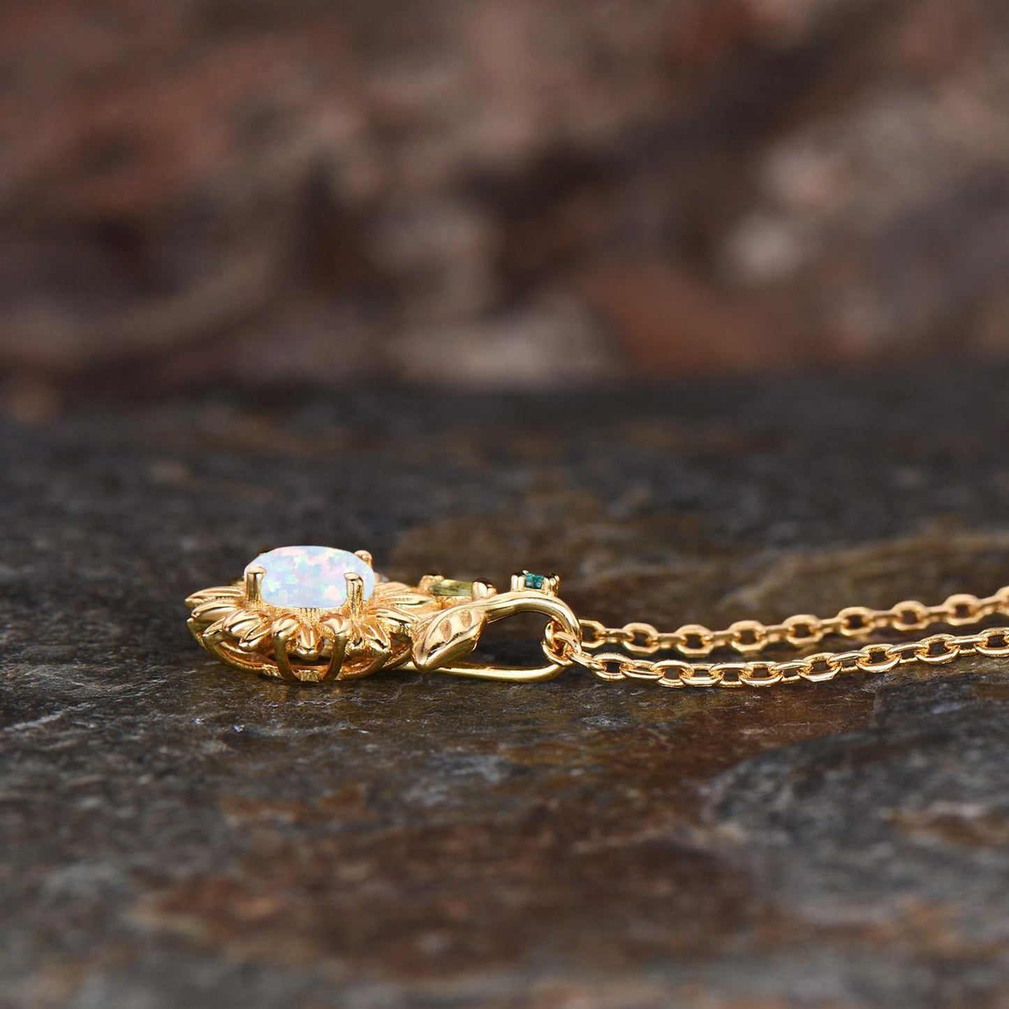 Vintage White Opal Sunflower Necklace Round Cut Fire Opal With Emerald Peridot Leaf Floral Pendant Dainty October Birthstone Jewelry Gift