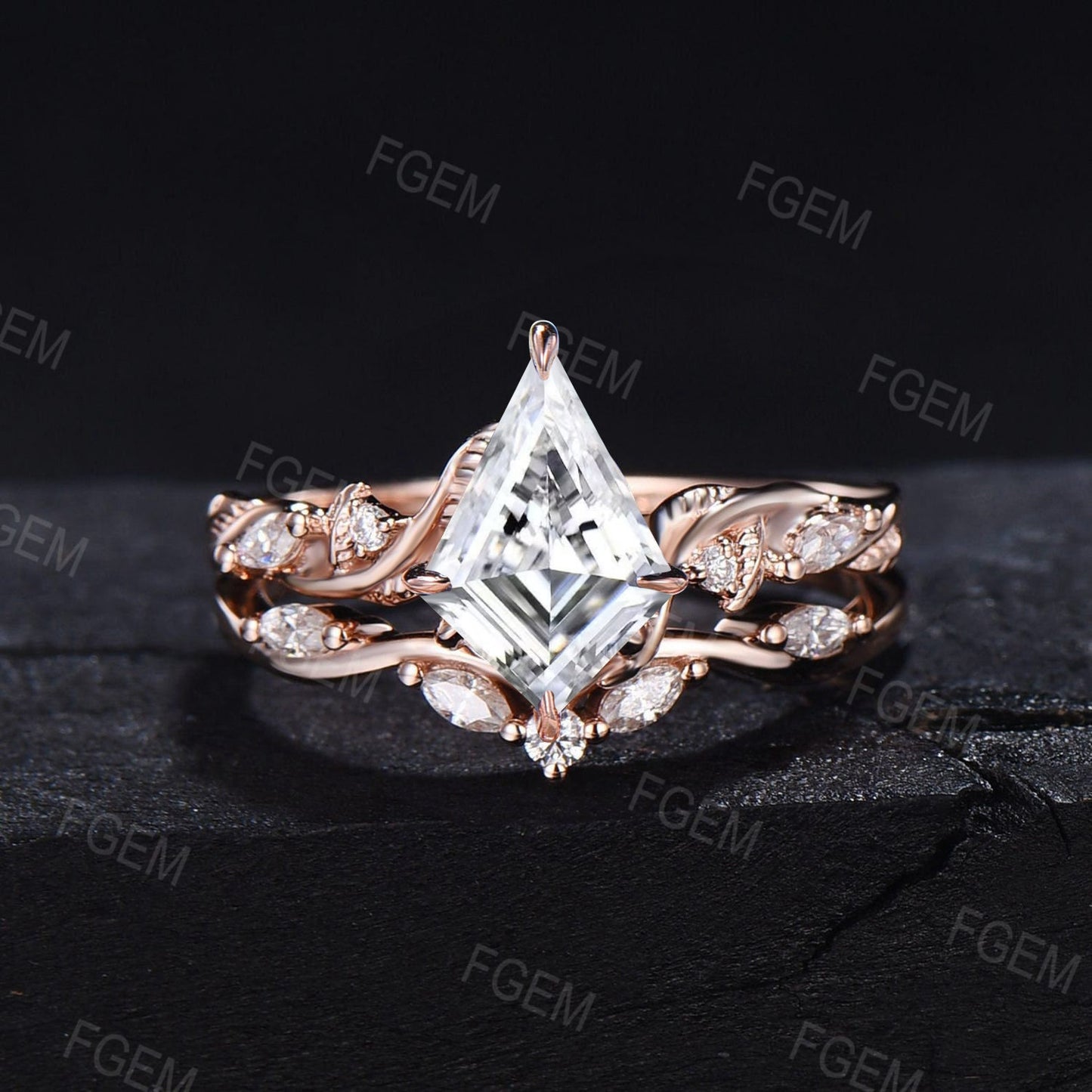 Unique Kite Moissanite Engagement Ring Set Twist Vine Band Nature Inspired Kite Diamond Wedding Ring Set Leaf Twig Branch Bridal Set Women