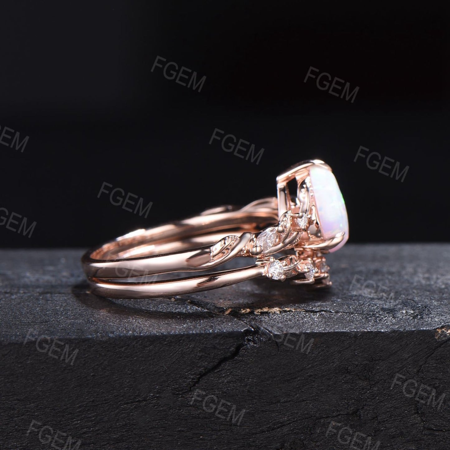 Twist Leaf Moissanite Opal Wedding Ring Set Nature Inspired White Opal Ring Set Vintage 1.25ct Pear Shaped Branch Twig Opal Engagement Ring
