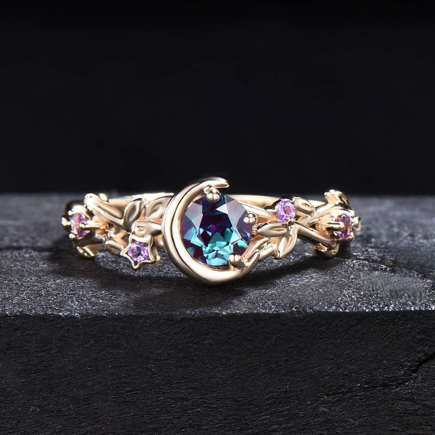 Nature Inspired Color-Change Alexandrite Amethyst Engagement Ring Moon Star Design Round Alexandrite Ring Branch Leaf Amethyst Wedding Ring