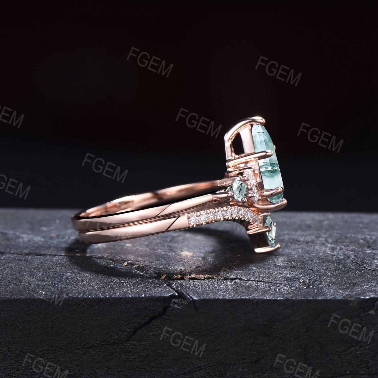 Unique Natural Moss Agate Wedding Ring Vintage 10K14K18K White Gold Kite Moss Agate Moissanite Bridal Set Unique Anniversary Promise Gifts