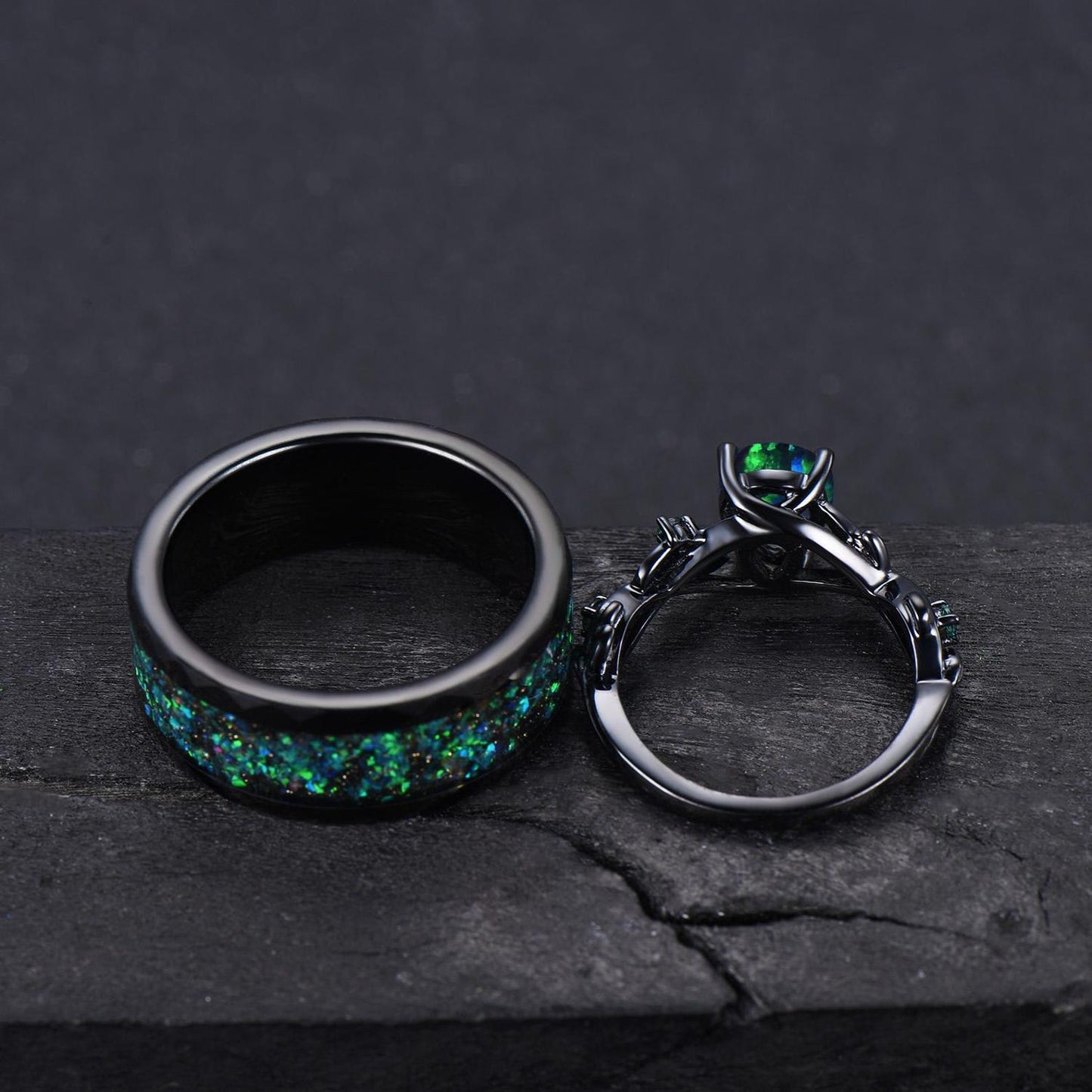 Gothic Black Opal Couple Rings Set Black Gold Pear Shaped Black Opal Engagement Ring Set Nebula Ring Tungsten Ring His and Hers Wedding Band