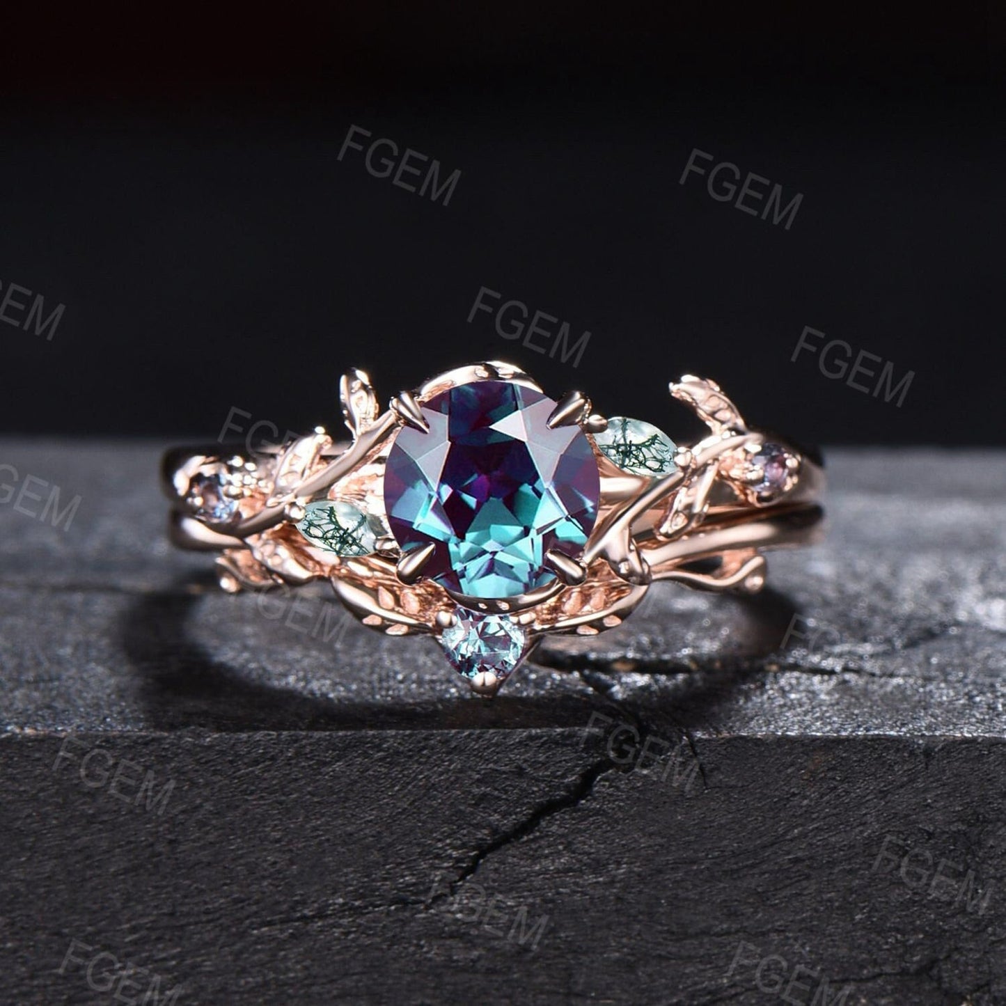 1ct Round Nature Inspired Color-Change Alexandrite Ring Rose Gold Cluster Moss Agate Engagement Ring Vintage Branch Alexandrite Bridal Sets