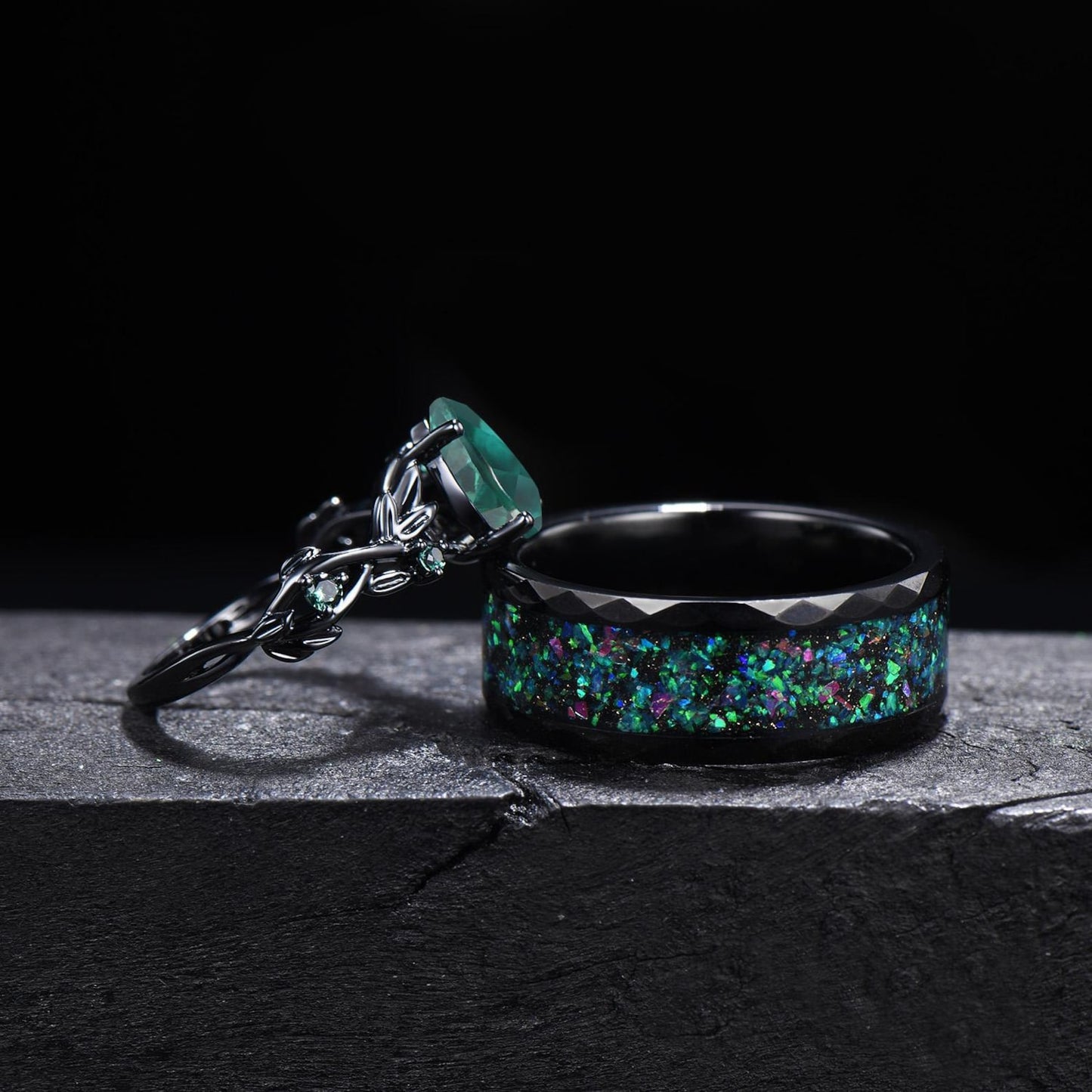 Gothic Black Green Emerald Couples Ring Black Gold Matching Ring Set Tungsten Black Opal Promise Ring Set For Men and Women Anniversary Gift