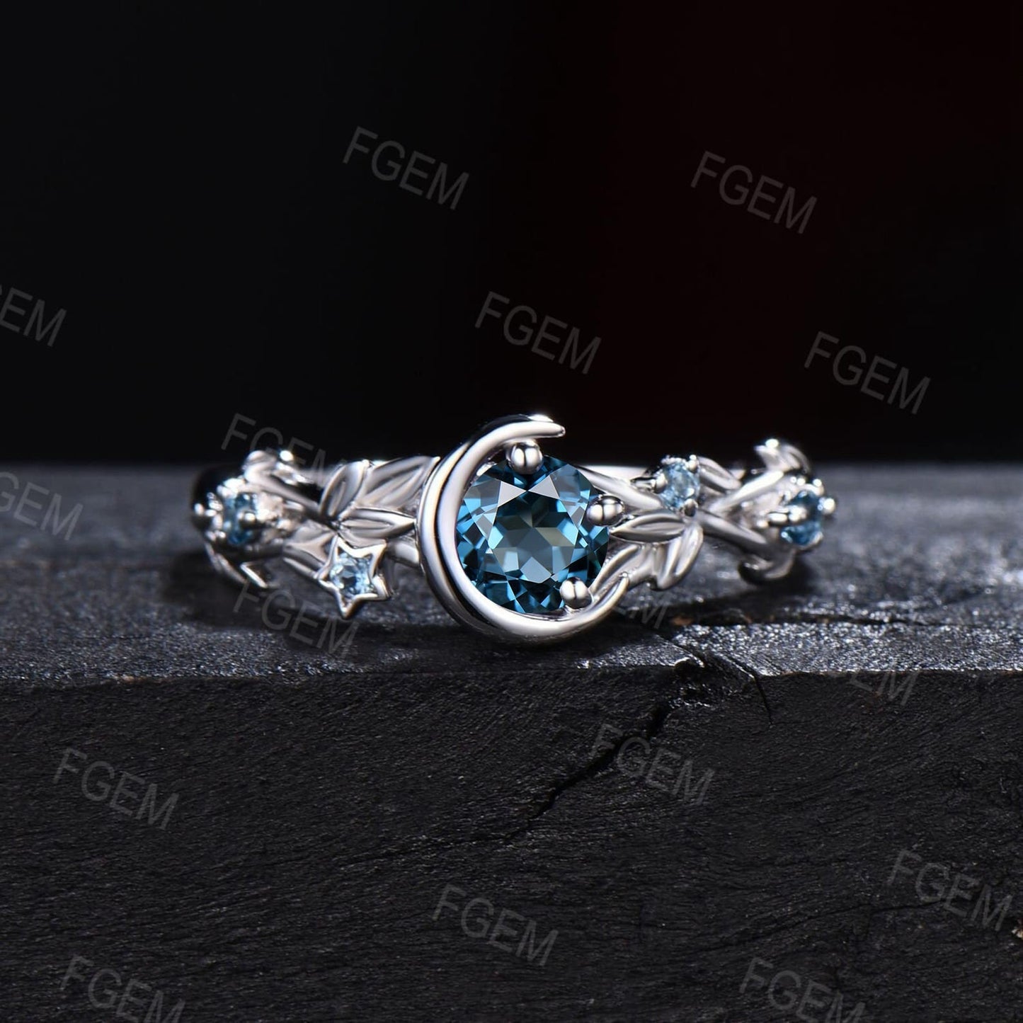 Sterling Silver Round Natural London Blue Topaz Ring Nature Inspired Topaz Engagement Rings Moon Star Design Branch Twig Topaz Wedding Ring