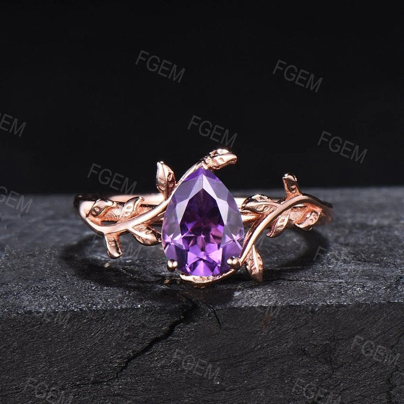 Nature Inspired Natural Amethyst Leaf Solitaire Ring Sterling Silver Oval Purple Crystal Ring Alternative Gemstone Ring February Birthstone