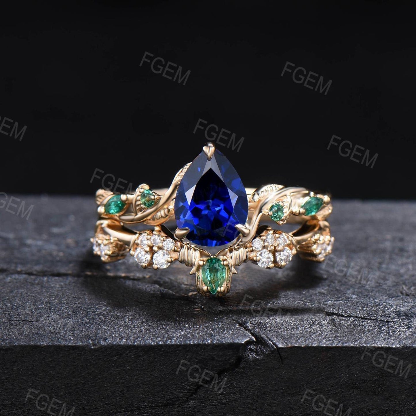 Twig Vine Blue Sapphire Engagement Ring Set Vintage Nature Inspired Pear Cut Blue Sapphire Emerald Promise Ring Antique Noble Gift for Women