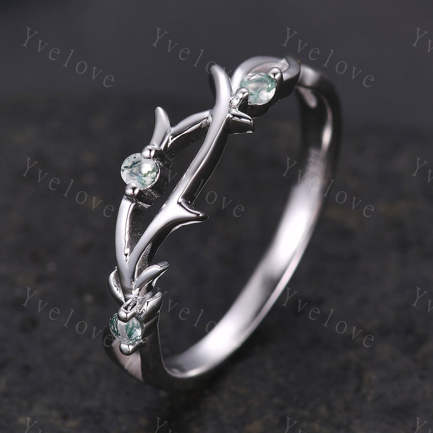 Sterling Silver Moss Agate & Twig Couples Rings Set- His & Hers Wedding Bands