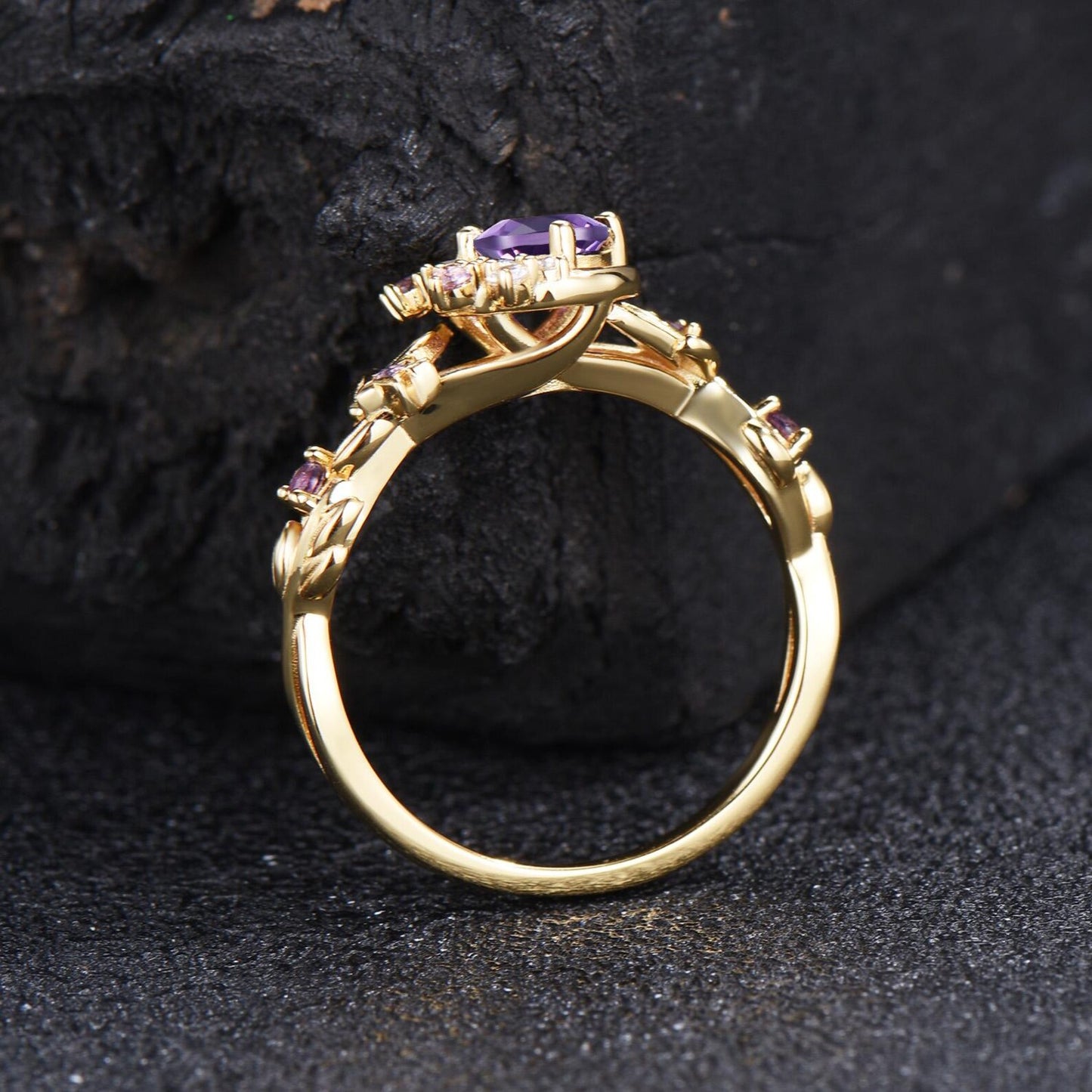 Moon Star Round Cut Ametrine Engagement Ring Rose Gold Nature Inspired Leaf Ring Cluster Citrine Amethyst Wedding Ring Ametrine Crystal Ring