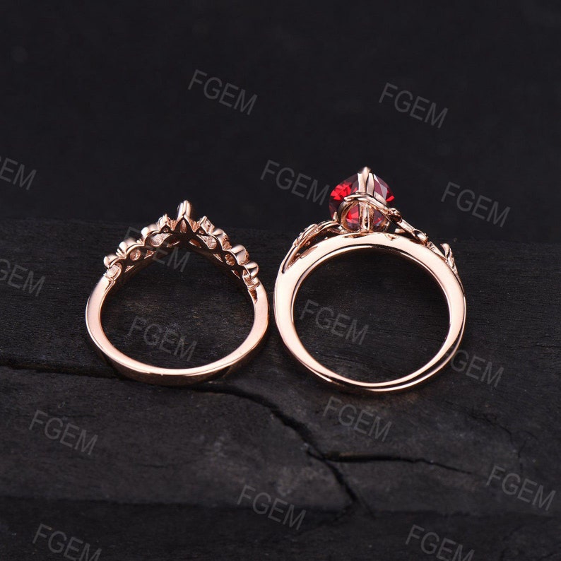 July Birthstone Wedding Ring 1.25ct Pear Red Ruby Ring Set Ruby Gemstone Jewelry Nature Ruby Celtic Bridal Ring Set Anniversary Gift Women