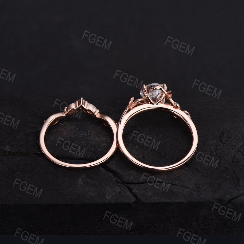 1ct Round Cut Natural Green Moss Agate Bridal Set 14K Rose Gold Branch Solitaire Rings Unique Curve Moissanite Wedding Band Anniversary Gift