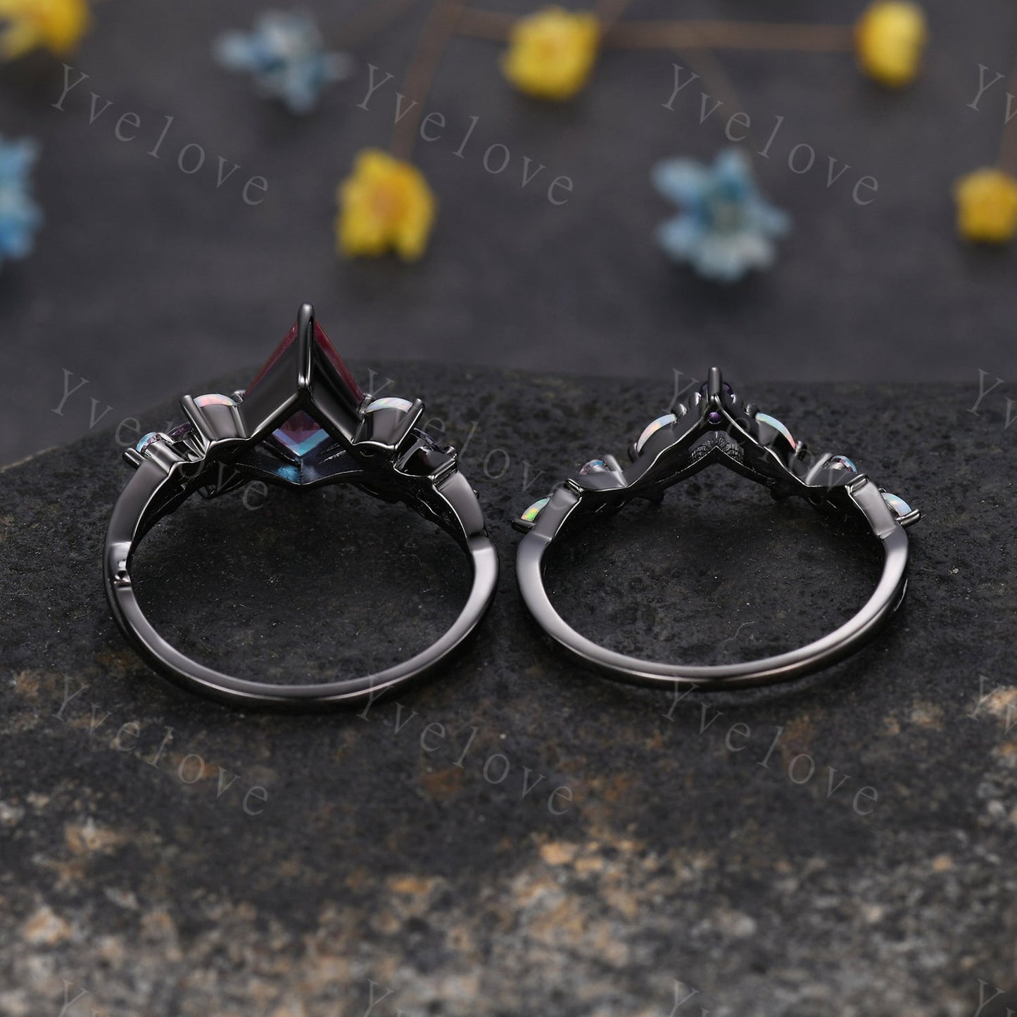 Black Gold Alexandrite Engagement Ring Set with Opal & Amethyst Vines