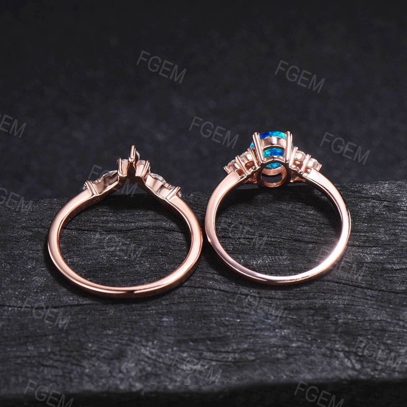 Blue Opal Cluster Engagement Ring Set Vintage 1.5ct Oval Cut Dark Opal Bridal Set Blue Gemstone Jewelry Unique Handmade Promise Ring Women