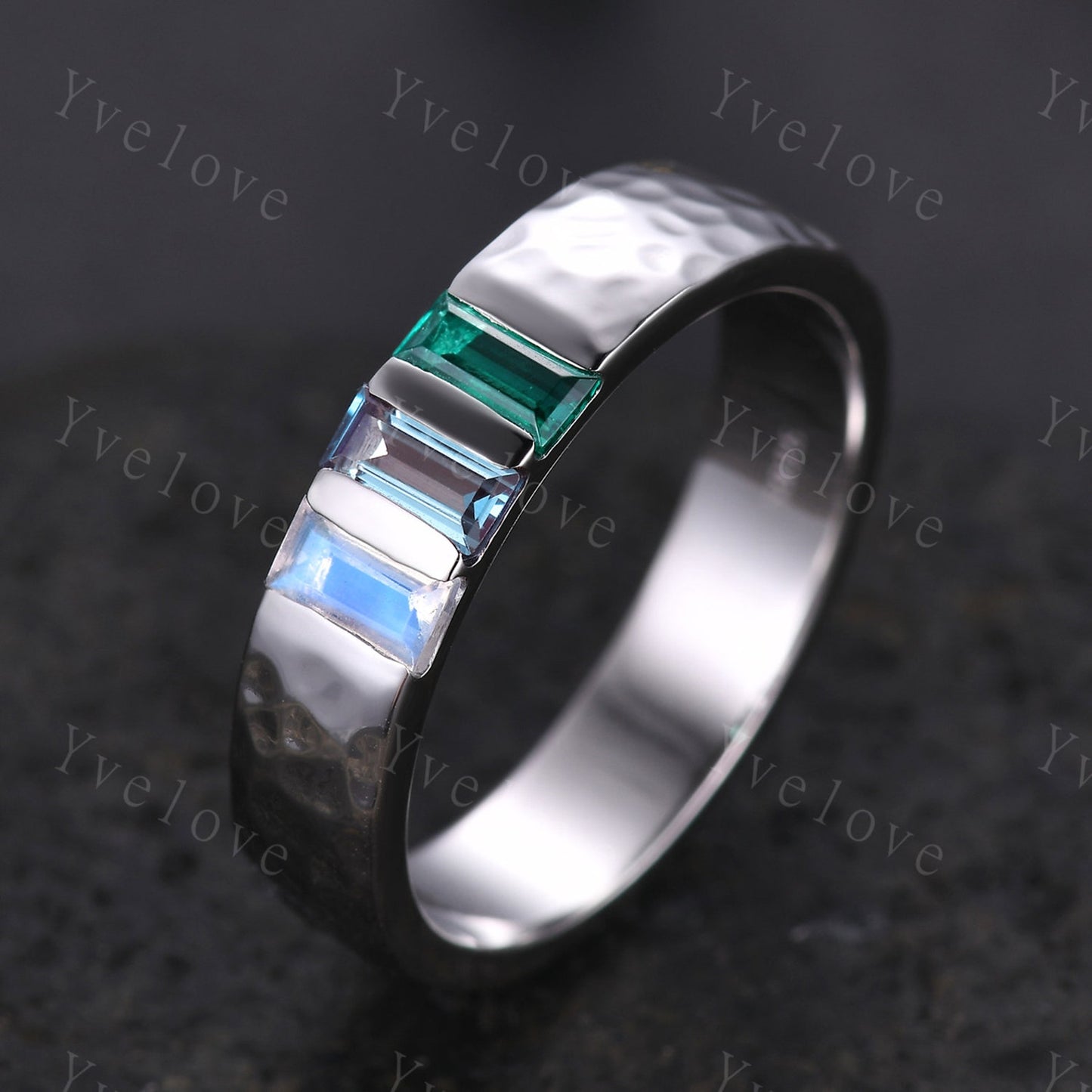 Handmade Sterling Silver Moonstone Alexandrite Emerald Wedding Band (5mm)