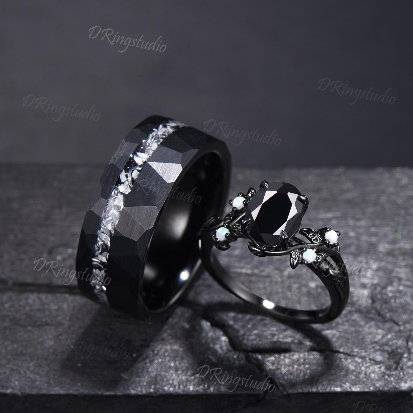 Gothic Natural Black Onyx Couples Promise Ring Set Black Gold Twig Leaf Witchy Engagement Ring Set Black Tungsten His and Hers Wedding Band