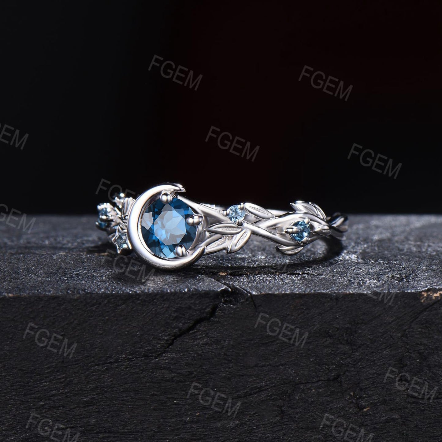 Sterling Silver Round Natural London Blue Topaz Ring Nature Inspired Topaz Engagement Rings Moon Star Design Branch Twig Topaz Wedding Ring