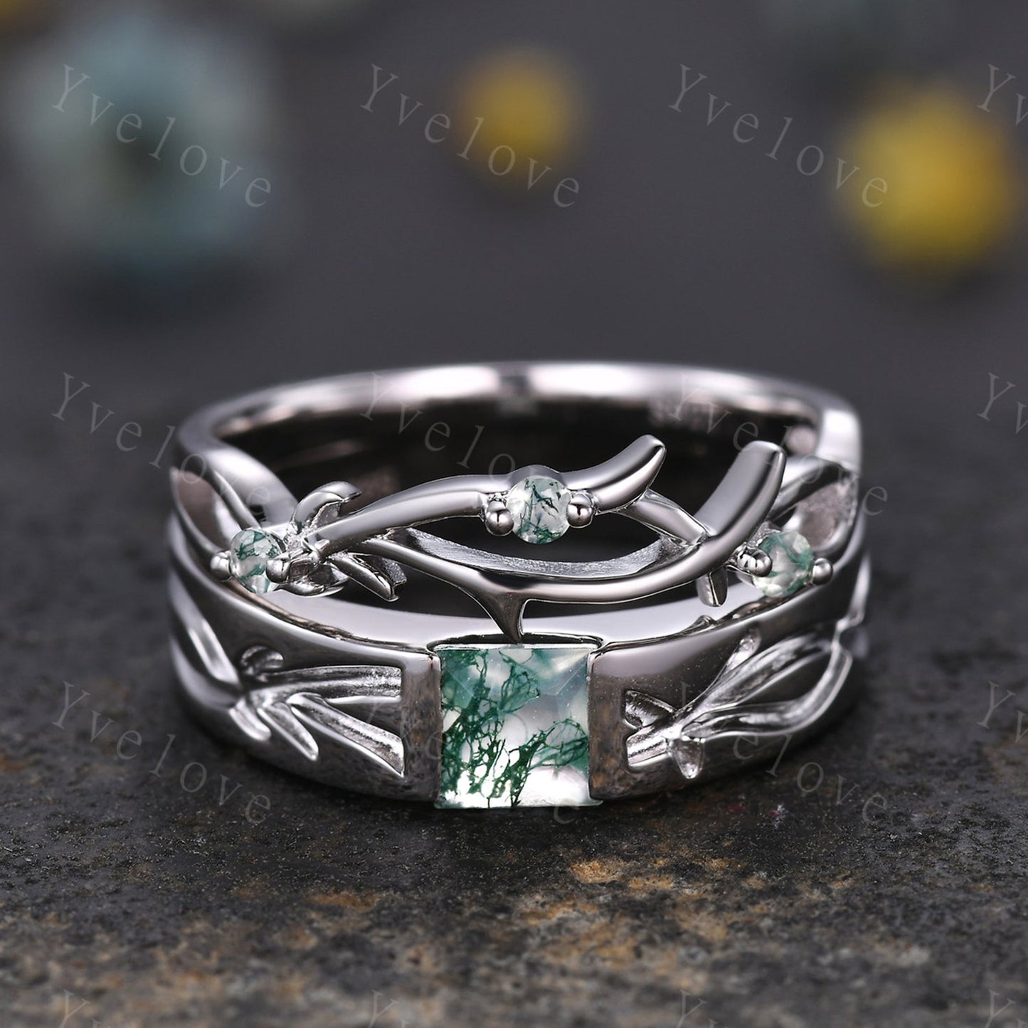 Sterling Silver Moss Agate & Twig Couples Rings Set- His & Hers Wedding Bands