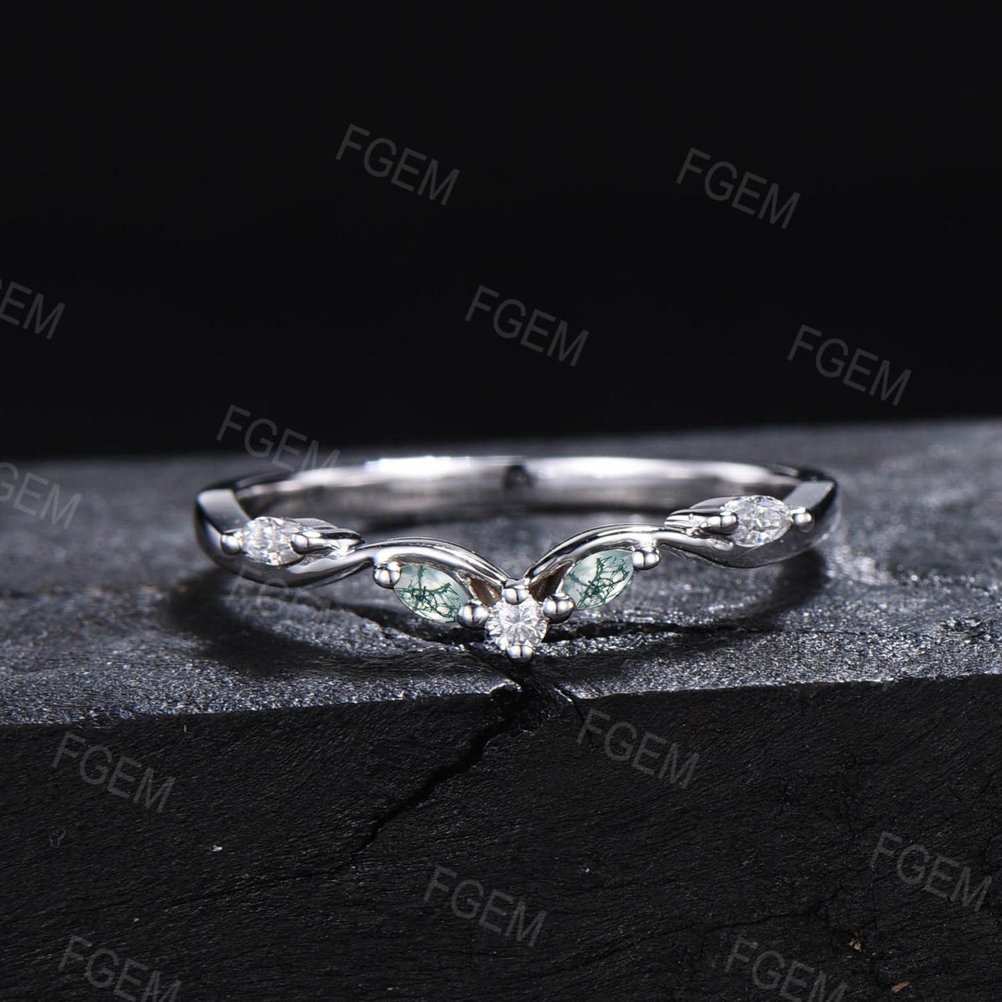 Marquise Moss Agate Contour Nature Wedding Band 10K White Gold Moissanite Nesting Band Ring Unique Vintage Stacking Matching Curved Bridal Band