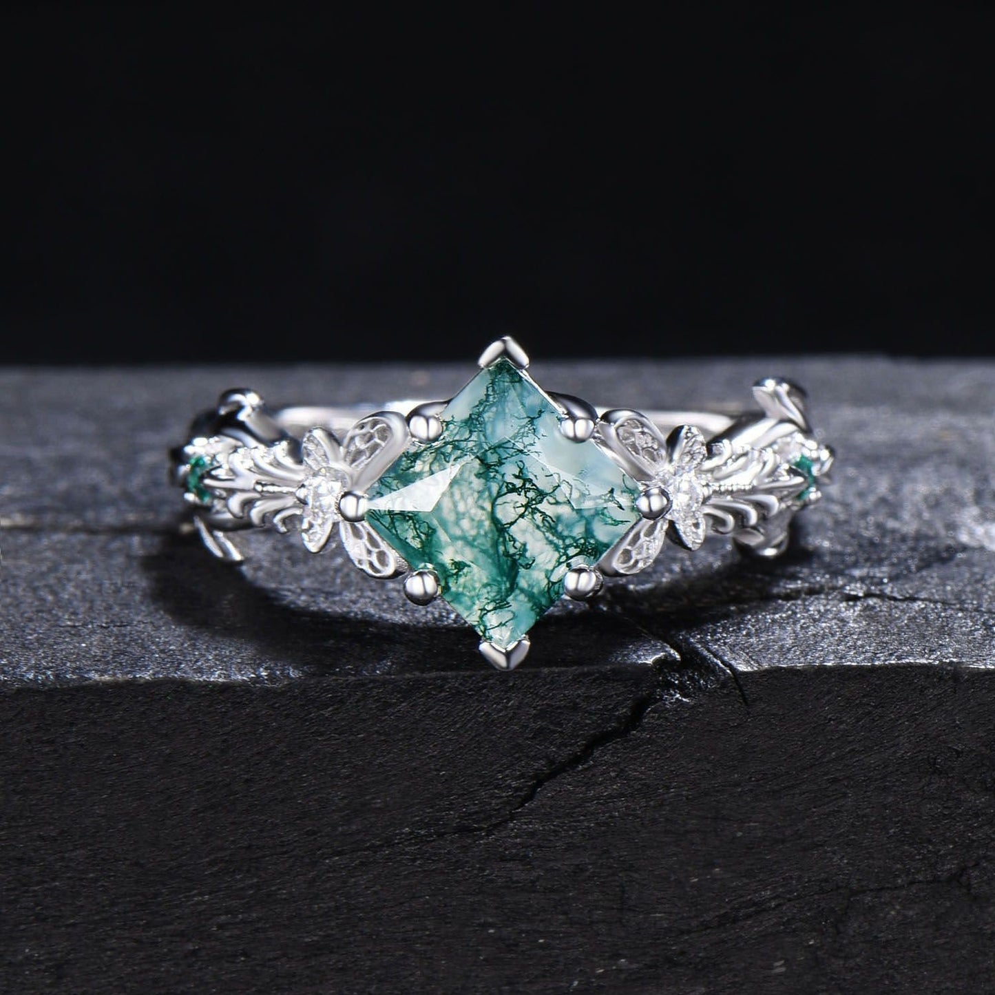 White Gold Butterfly Ring Unique Princess Cut Natural Moss Agate Engagement Ring Hollow Butterfly Aquatic Agate Ring Proposal Gifts For Her