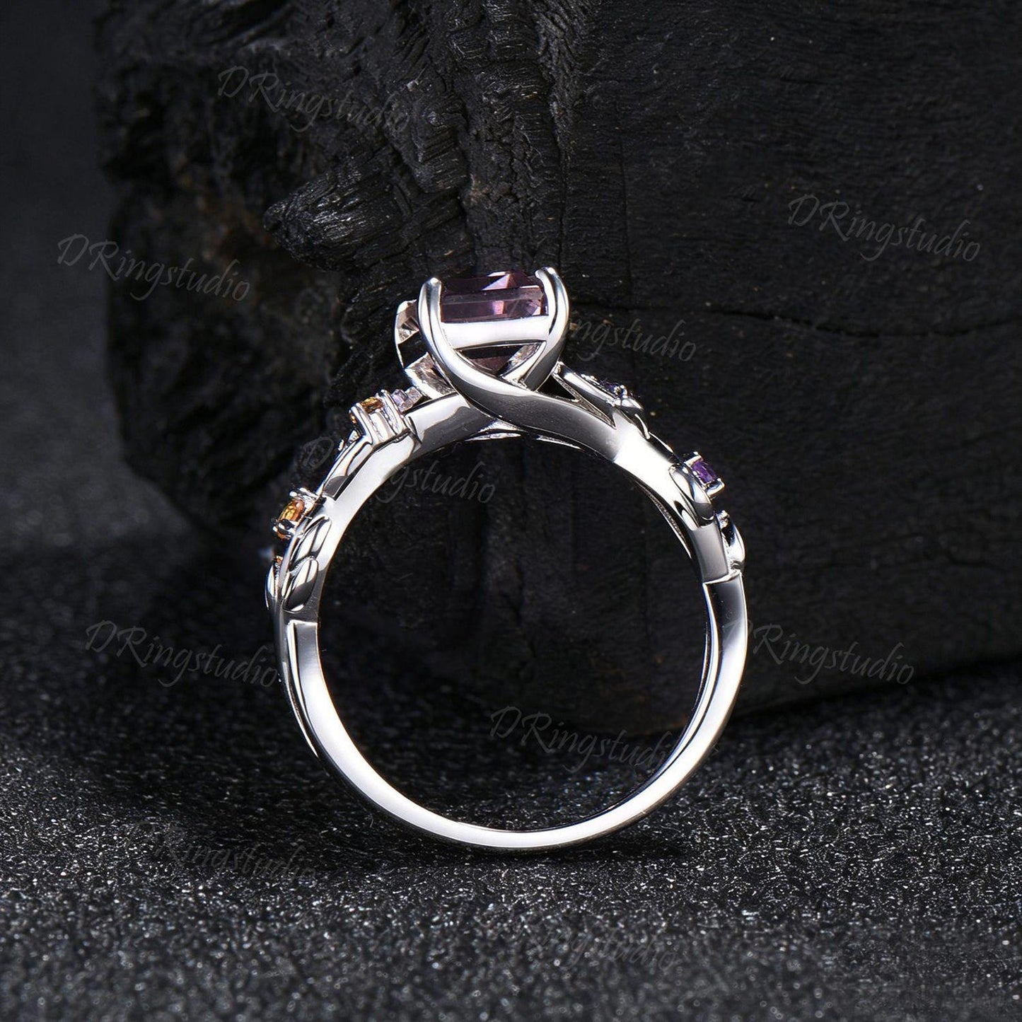 Nature Inspired Emerald Cut Ametrine Engagement Ring 925 Sterling Silver Branch Leaf Amethyst Citrine Bridal Ring Bio Color Ametrine Ring