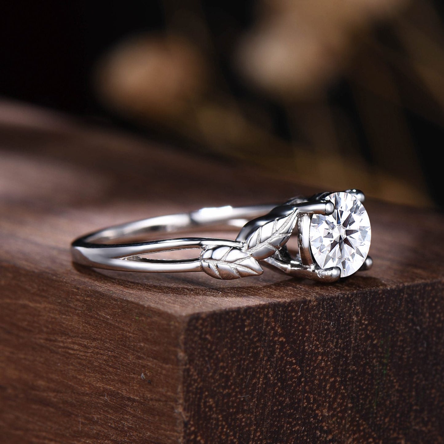 1ct Round Moissanite Engagement Ring Vintage Nature Inspired Moissanite Diamond Rings Leaf Branch Wedding Ring Unique Solitaire Promise Ring