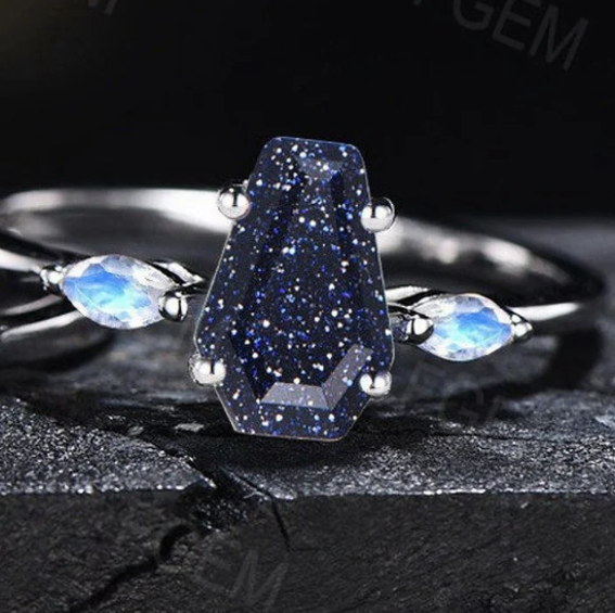 Coffin Shaped Blue Sandstone Engagement Rings Set Vintage Unique Long Hexagon Blue Goldstone Wedding Ring Moissanite Moonstone Bridal Ring