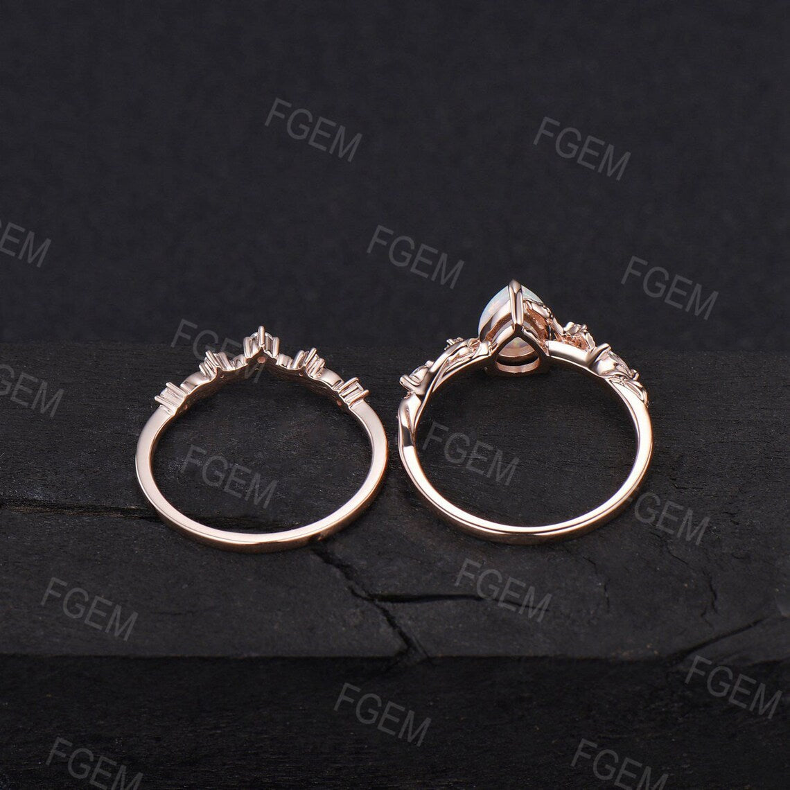 Nature Inspired Opal Engagement Rings Sets 10K/14K/18K Rose Gold 1.25ct Pear Shaped Leaf Solitaire Ring Moissanite Opal Leaves Wedding Ring